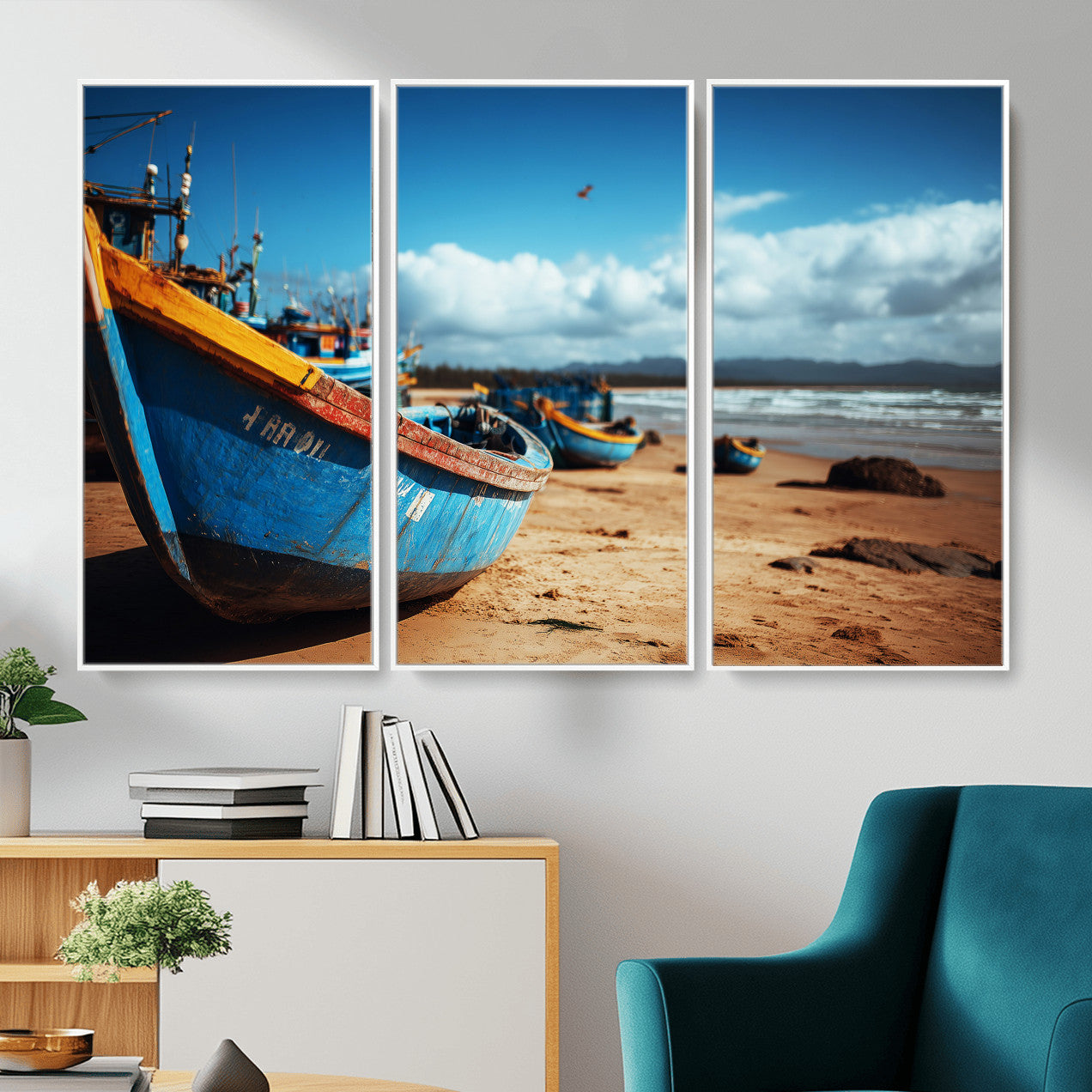 70925201-MGV-CV-36X24 - Fishing Boats Wall Art Canvas Print, Coastal Boat Beach Scene, Nautical Seaside Artwork, Ocean Shore Decor, Coastal Home Wall Art