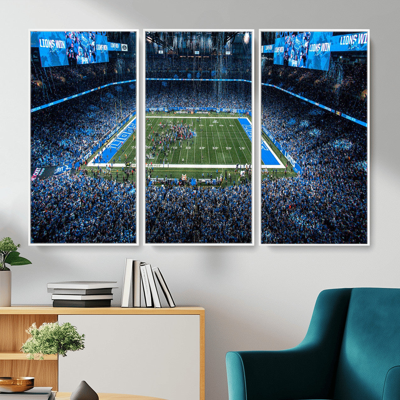 80882005-MGV-CV-36X24 - Detroit Lions Stadium Wall Art Canvas Print, Football Field Panorama Artwork, NFL Game Night Stadium Decor