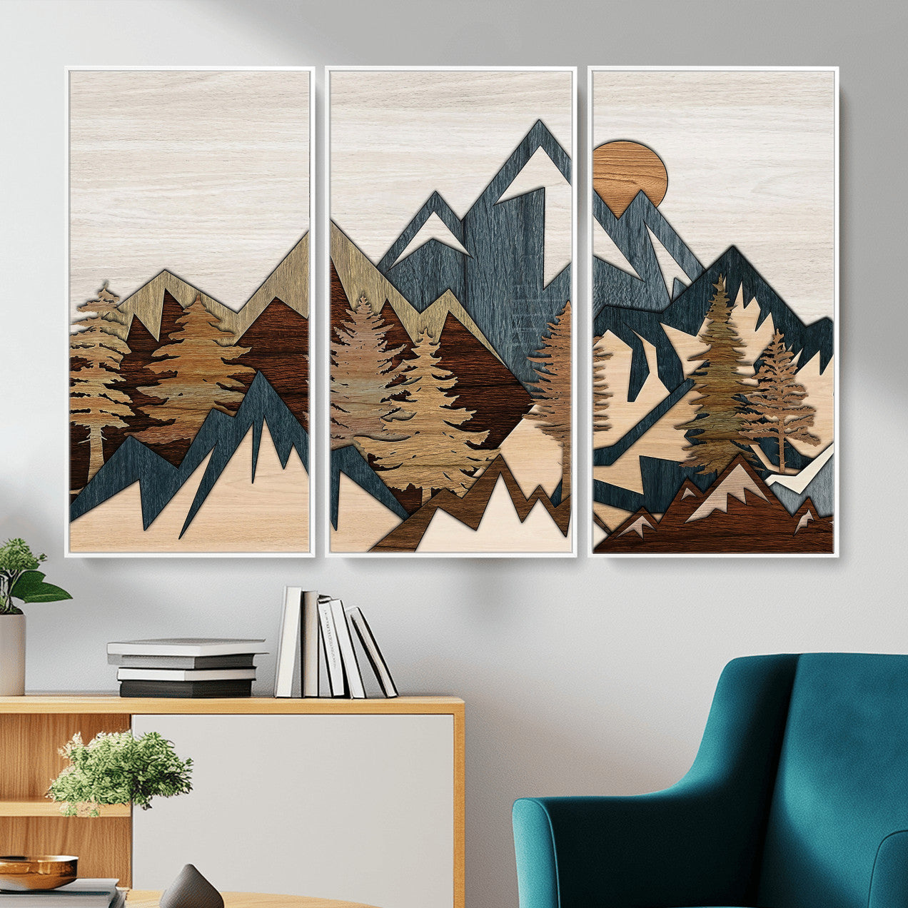 61833055-MGV-CV-36X24 - Mountain Forest Wall Art Canvas Print, Layered Wood Landscape Artwork, Rustic Nature Wall Decor for Living Room