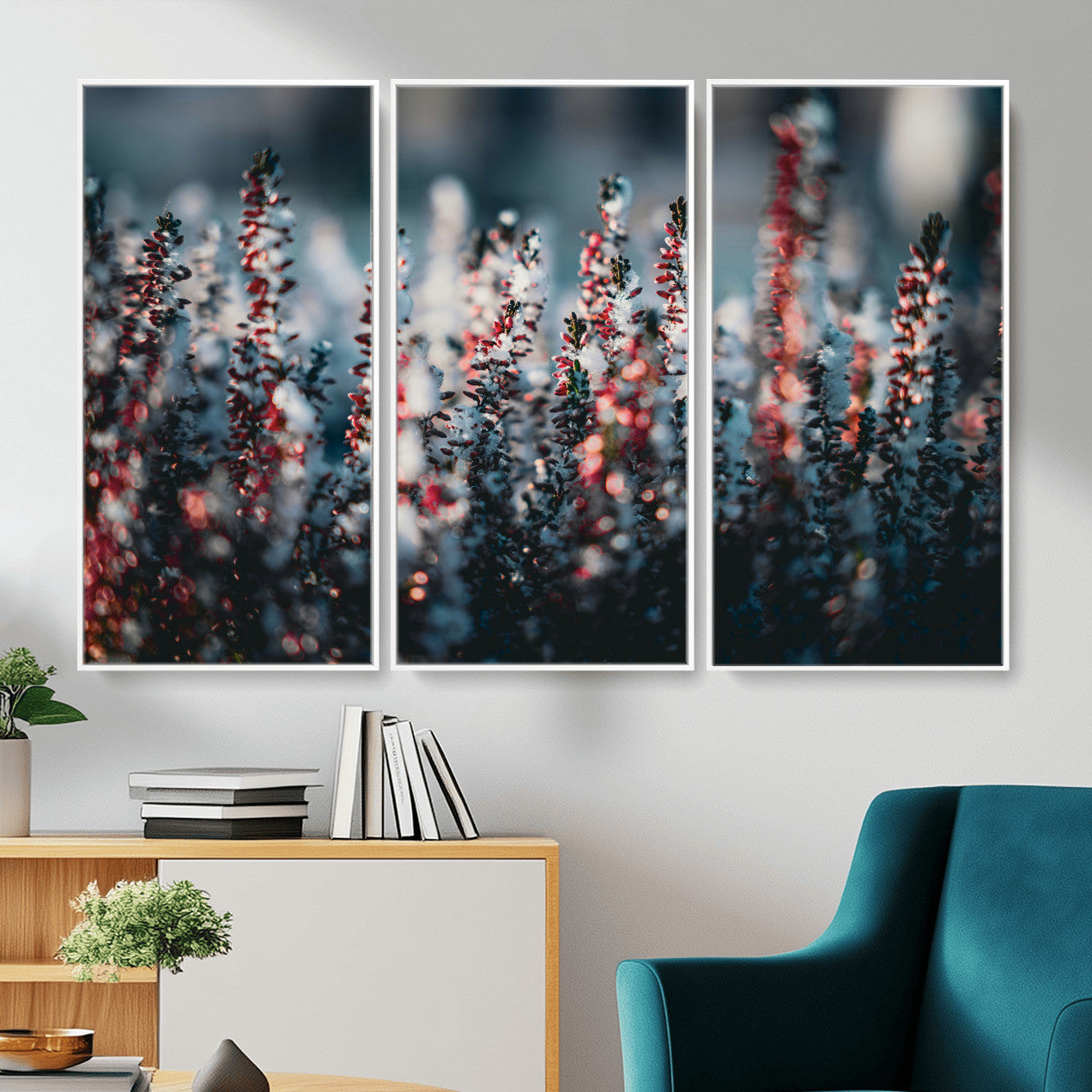 82063935-MGV-CV-36X24 - Winter Heather Wall Art Canvas Print, Frosted Floral Nature Art, Moody Botanical Wall Decor