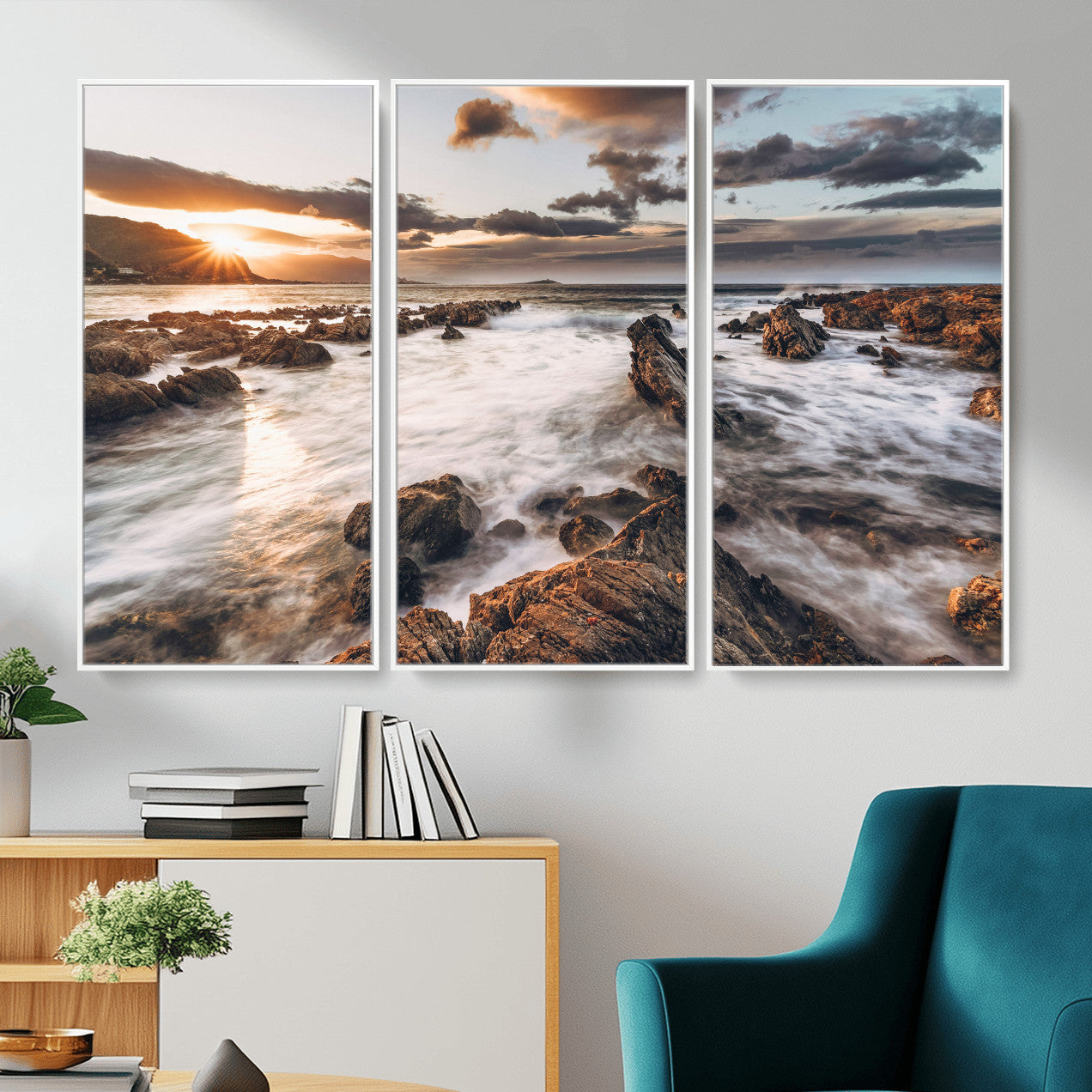 66746024-MGV-CV-36X24 - Rocky Coast Ocean Sunset Wall Art Canvas Print, Dramatic Seascape Nature Wall Decor for Living Room and Office