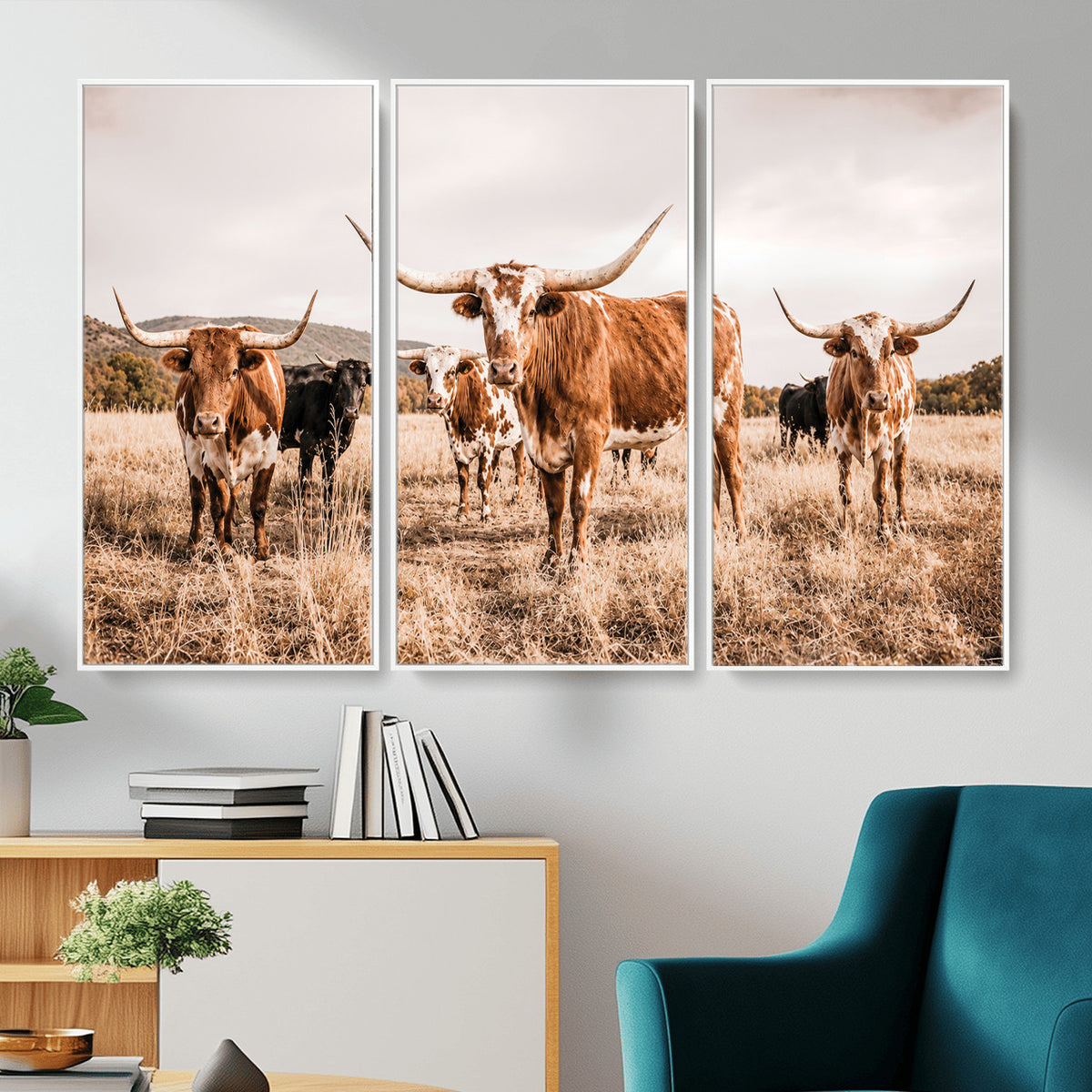 27539727-MGV-CV-36X24 - Texas Longhorn Cattle Wall Art Canvas Print, Sepia Western Decor