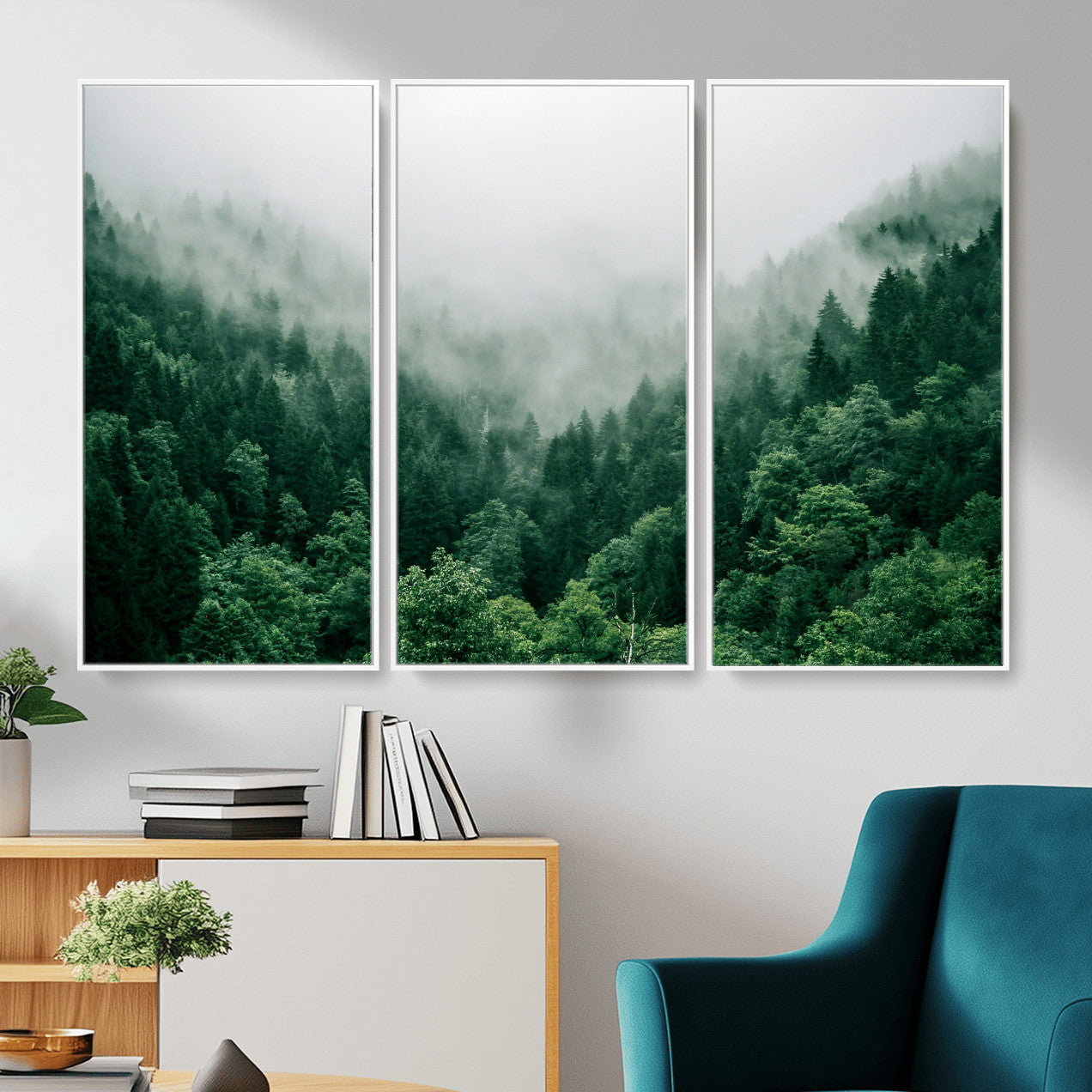 61640815-MGV-CV-36X24 - Misty Pine Forest Wall Art Canvas Print, Foggy Evergreen Landscape Wall Decor, Moody Green Nature Artwork, Minimal Forest Canvas Wall Art, Framed Canvas Wall Art Ready to Hang