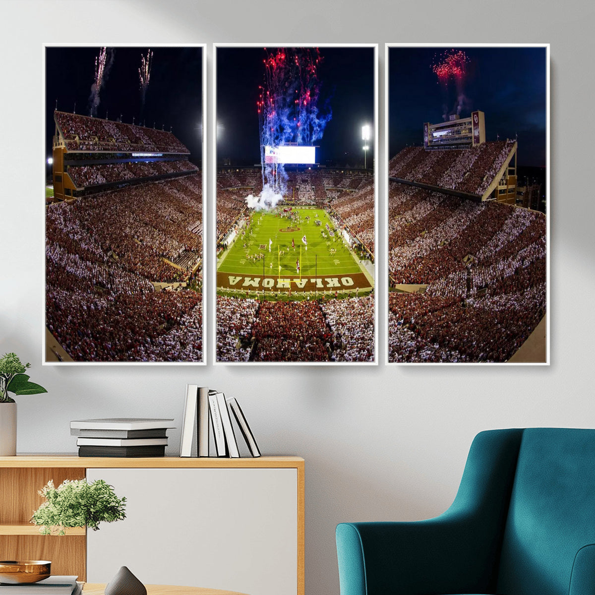 43197777-MGV-CV-36X24 - Oklahoma Memorial Stadium Wall Art Canvas Print – Oklahoma Sooners Football Artwork for Home, Office, and Sports Room Decor
