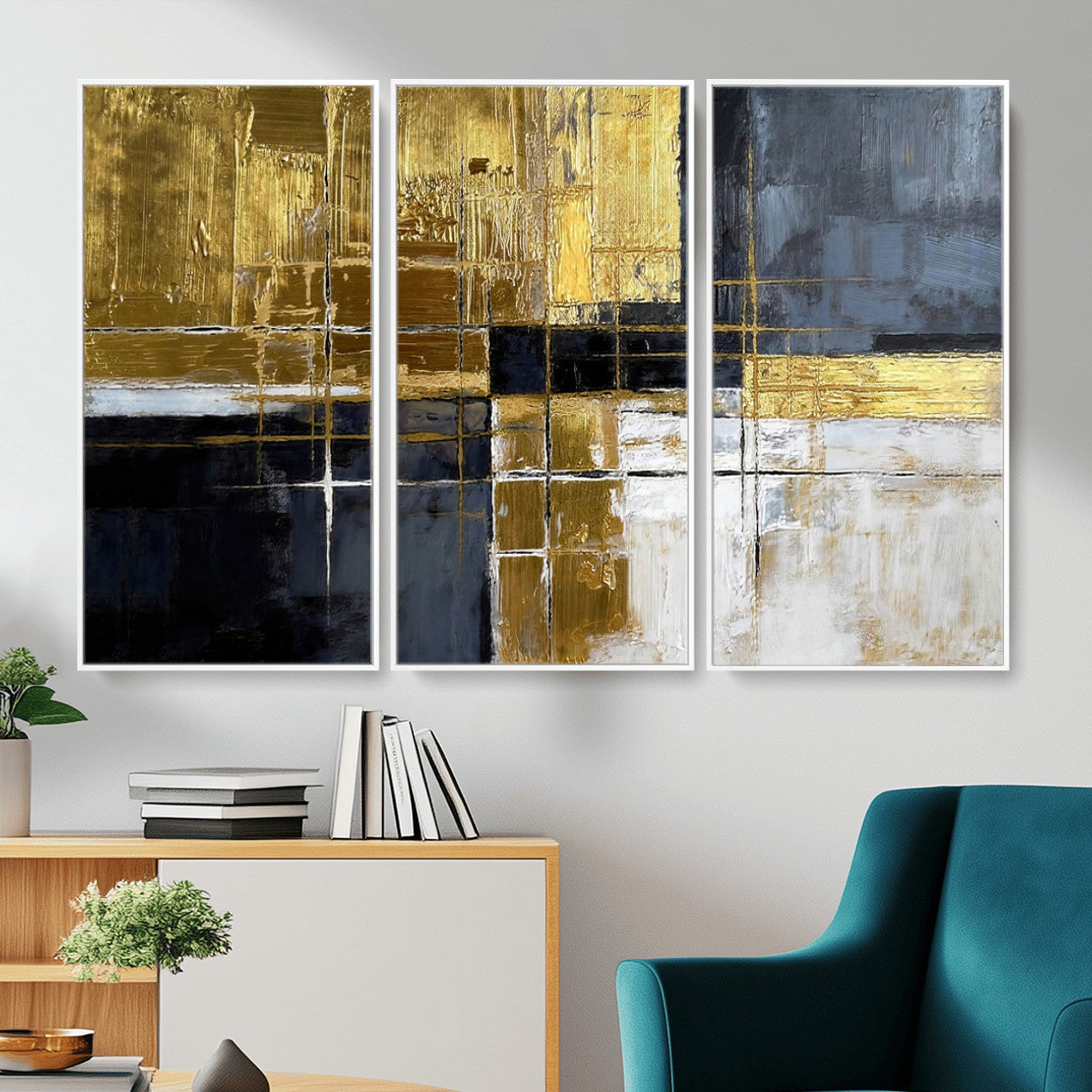 76917030-MGV-CV-36X24 - Gold Navy Abstract Wall Art Canvas Print, Modern Luxury Geometric Painting Wall Decor for Living Room and Office