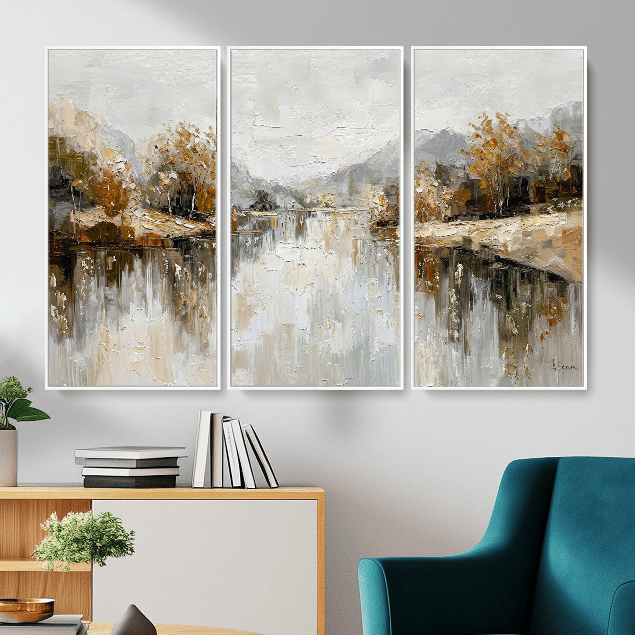 78227690-MGV-CV-36X24 - Neutral Abstract Lake Landscape Wall Art Canvas Print, Modern Minimal River Reflection Canvas Print, Beige Gray Contemporary Nature Art Printing