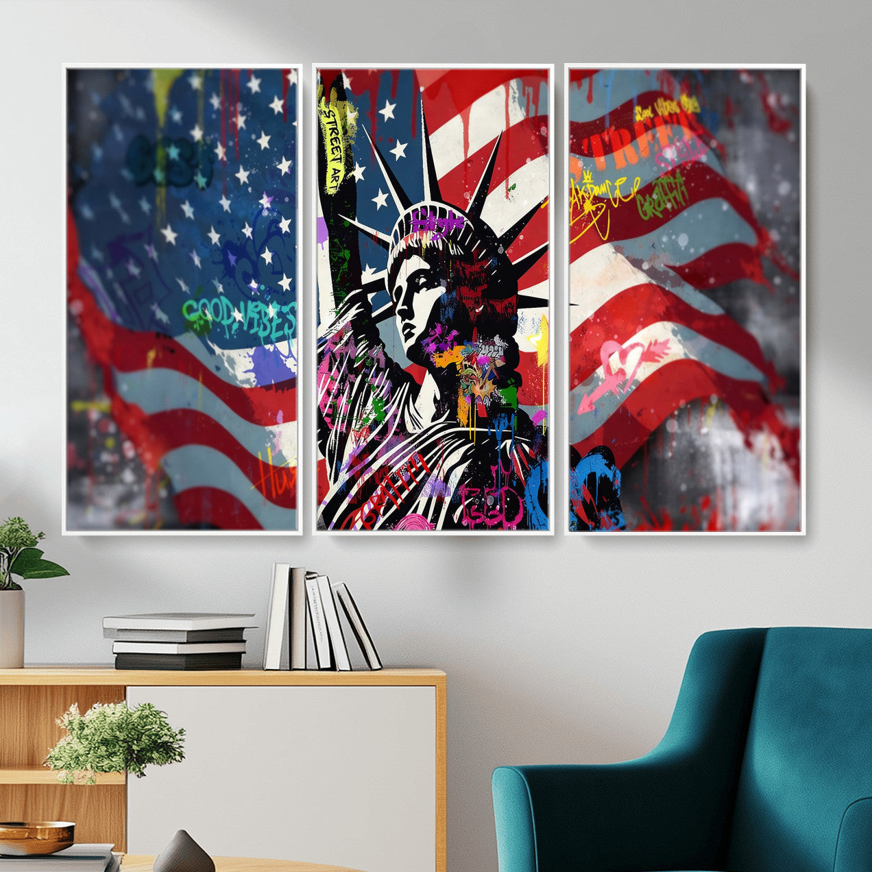 32151941-MGV-CV-36X24 - USA Statue of Liberty Graffiti Street Art Wall Art Canvas Print, American Flag Urban Pop Art Canvas Print, Modern Patriotic Street Art Contemporary Art Printing