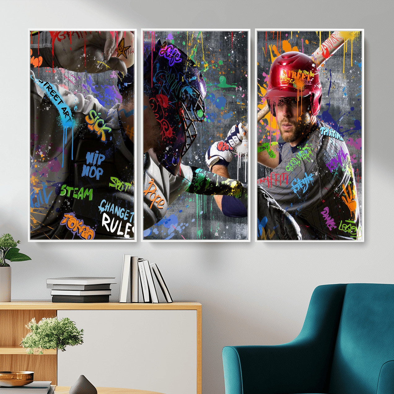 19634994-MGV-CV-36X24 - Graffiti Baseball Player Street Art Wall Art Canvas Print, Urban Sports Pop Art Baseball Canvas Print, Modern Athletic Graffiti Contemporary Art Printing