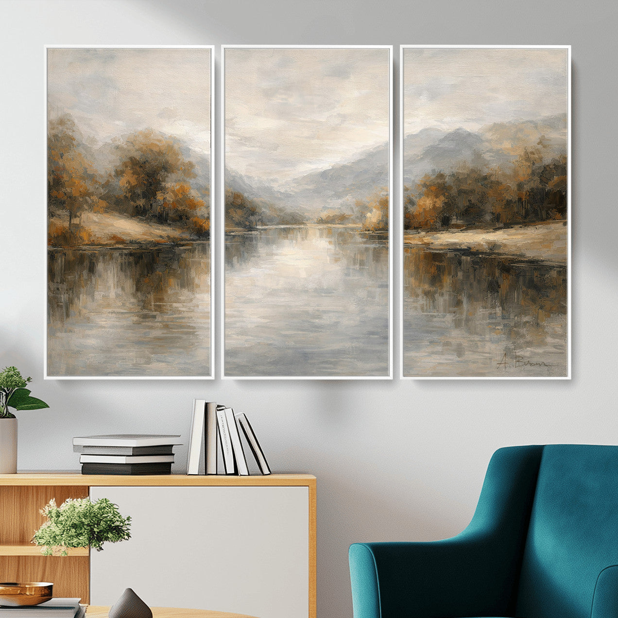 29251761-MGV-CV-36X24 - Neutral Abstract River Landscape Wall Art Canvas Print, Modern Minimal Nature Reflection Canvas Print, Beige Gray Contemporary Mountain Art Printing
