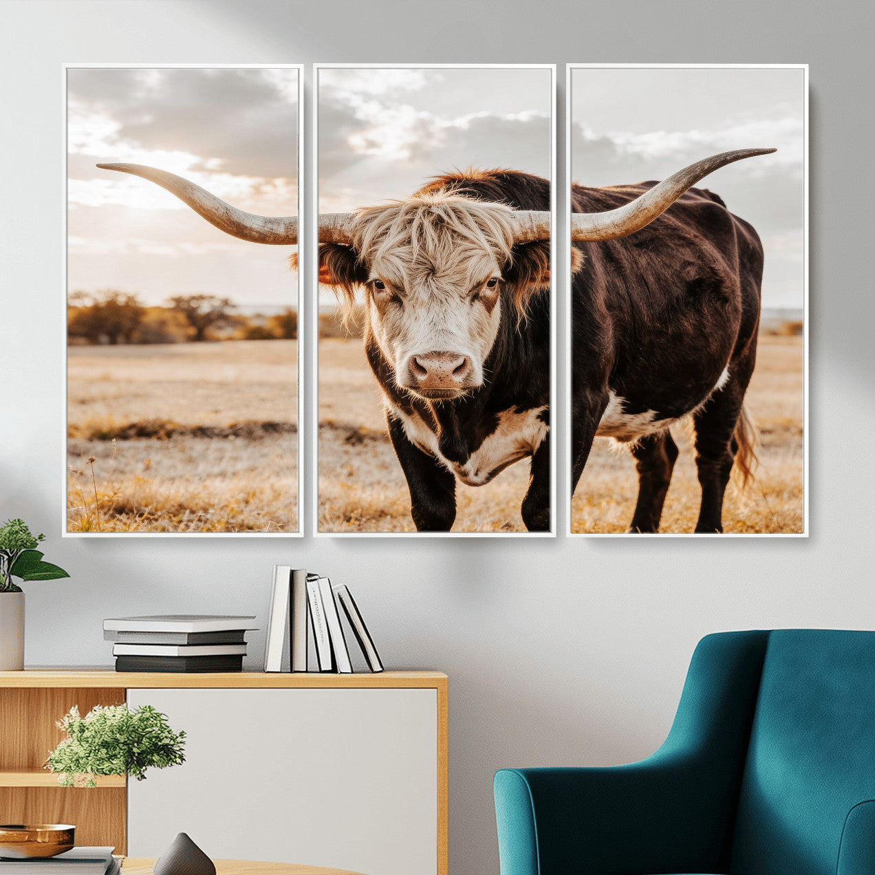 88230279-MGV-CV-36X24 - Texas Longhorn Bull Rustic Wall Art Canvas Print, Western Cattle Photography Canvas Print, Ranch Farm Animal Western Art Printing