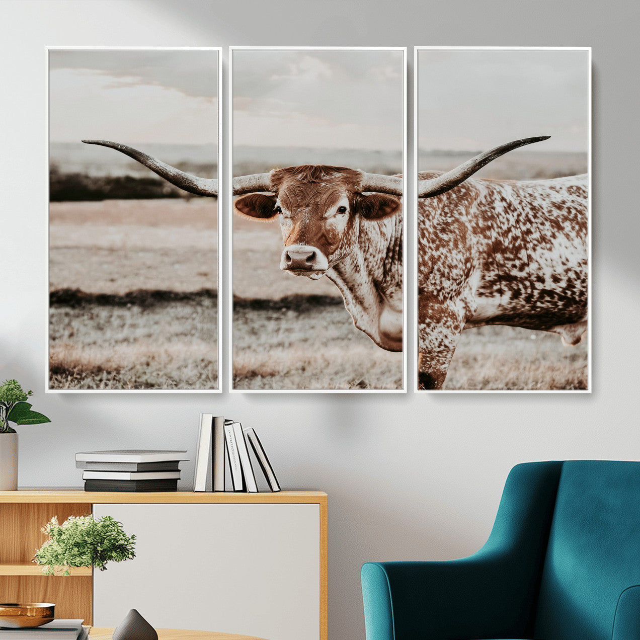 73897046-MGV-CV-36X24 - Texas Longhorn Bull Rustic Wall Art Canvas Print, Western Cattle Photography Canvas Print, Ranch Farm Animal Western Art Printing
