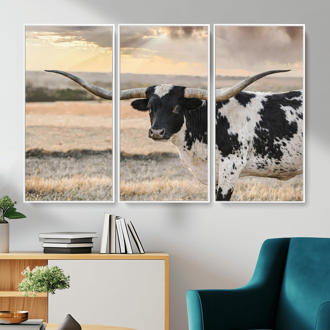 49350433-MGV-CV-36X24 - Texas Longhorn Bull Rustic Wall Art Canvas Print, Western Cattle Photography Canvas Print, Ranch Farm Animal Western Art Printing