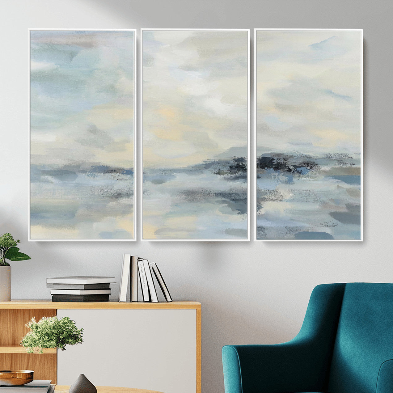 24647355-MGV-CV-36X24 - Abstract Coastal Landscape Wall Art Canvas Print – Soft Blue Gray Minimalist Painting