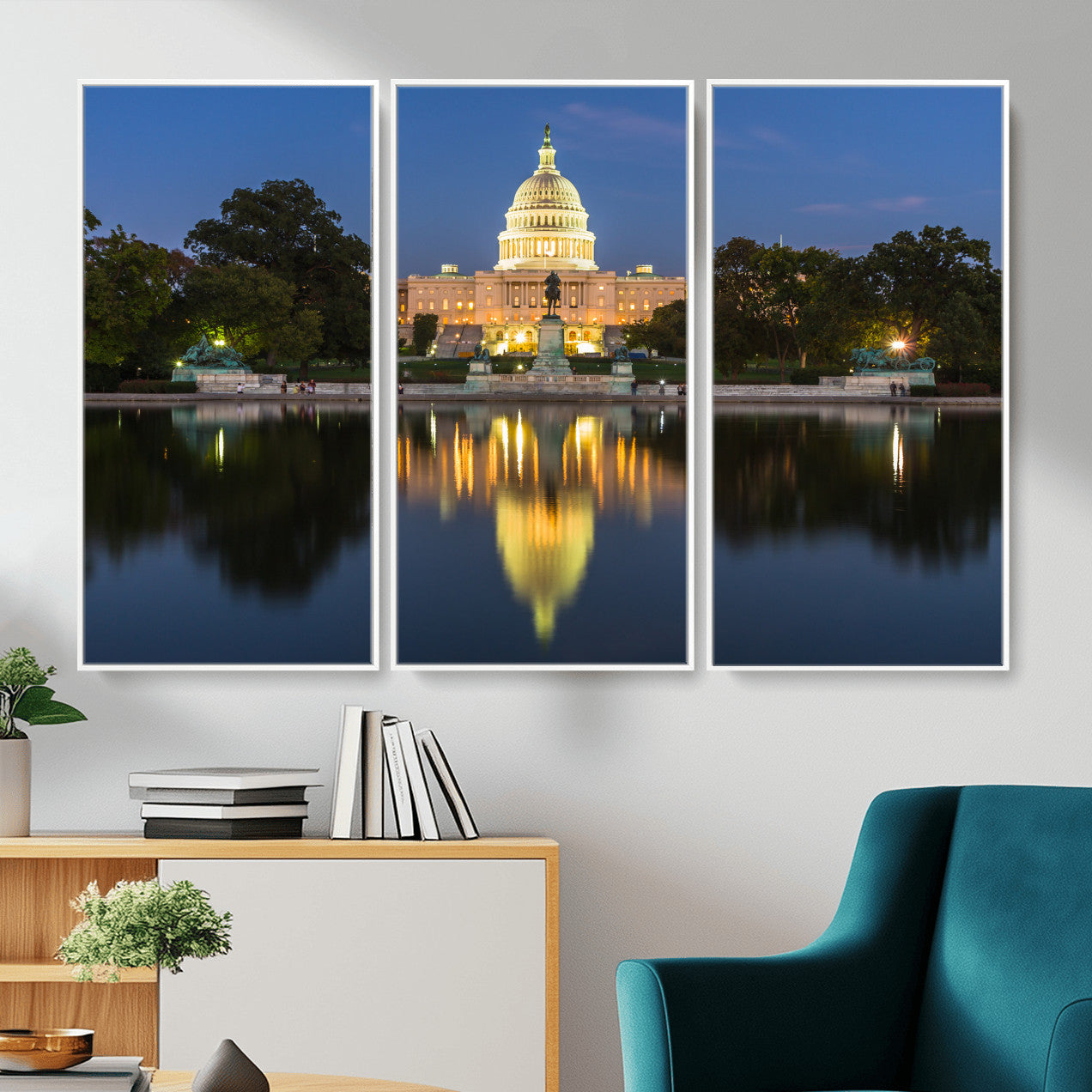 95568590-MGV-CV-36X24 - US Capitol Building Wall Art Canvas Print – Washington DC Landmark Night Reflection Artwork for Office Decor