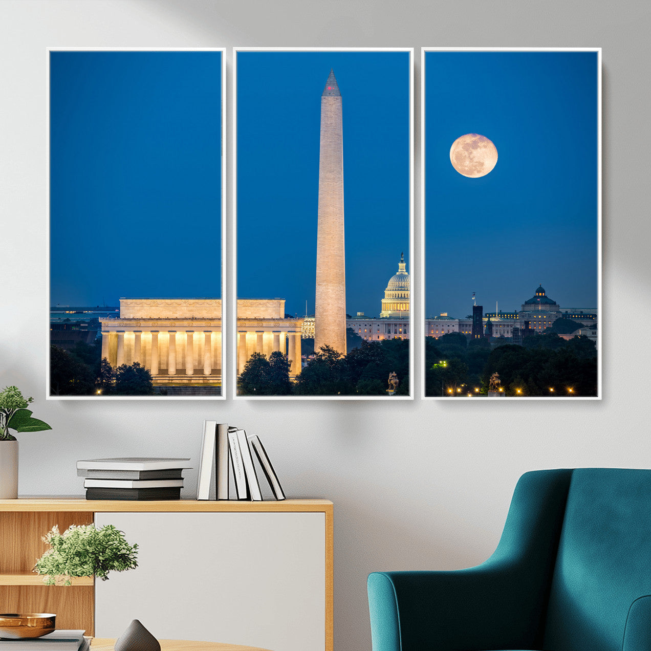 96712946-MGV-CV-36X24 - Washington DC Skyline Wall Art Canvas Print – Lincoln Memorial, Washington Monument and US Capitol Night Cityscape Artwork