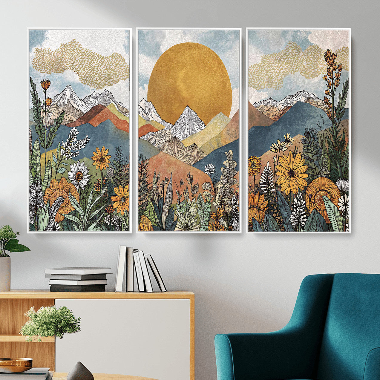 17540863-MGV-CV-36X24 - Boho Mountain Landscape Large Wall Art, Horizontal Gold Framed Canvas Print with Sun and Flowers