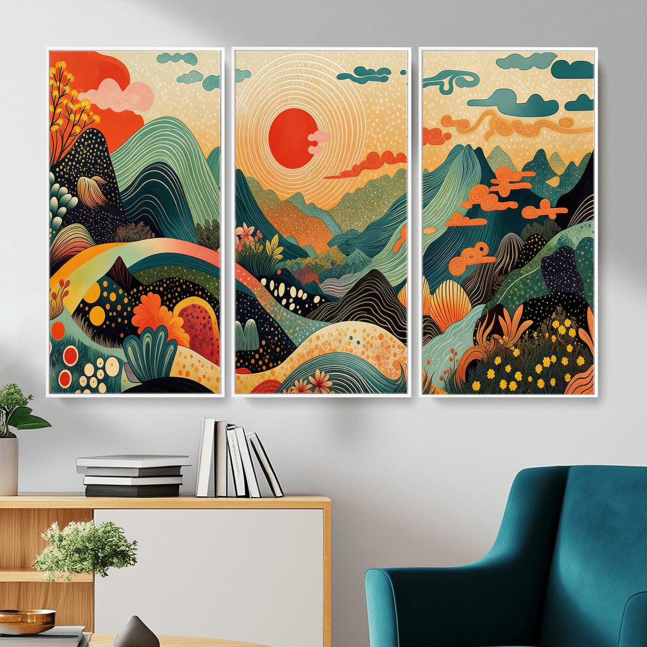 29927191-MGV-CV-36X24 - Yayoi Kusama Boho Mountain Landscape Large Wall Art, Horizontal Gold Framed Canvas Print with Sun and Flowers