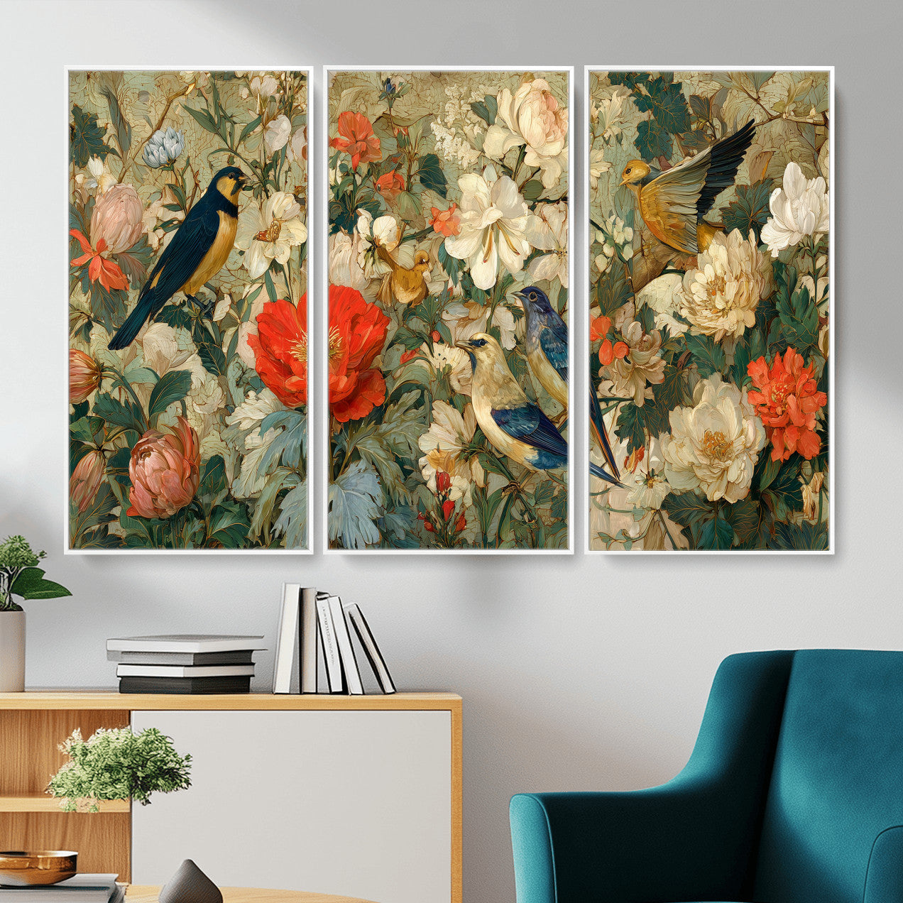 52904757-MGV-CV-36X24 - Vintage Birds and Flowers Wall Art Canvas Print, Botanical Bird Painting Canvas Print, Floral Garden Bird Artwork Canvas Print, Classic Bird Flower Painting Canvas Print