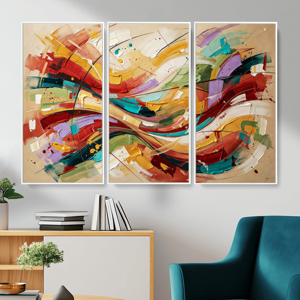 39887645-MGV-CV-36X24 - Geometric Abstract Wall Art Canvas Print, Orange Blue Abstract Expressionist Painting Print, Modern Geometric Abstract Canvas Art