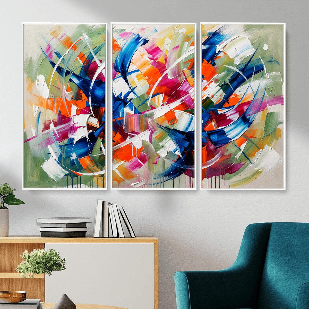 15032888-MGV-CV-36X24 - Geometric Abstract Wall Art Canvas Print, Orange Blue Abstract Expressionist Painting Print, Modern Geometric Abstract Canvas Art
