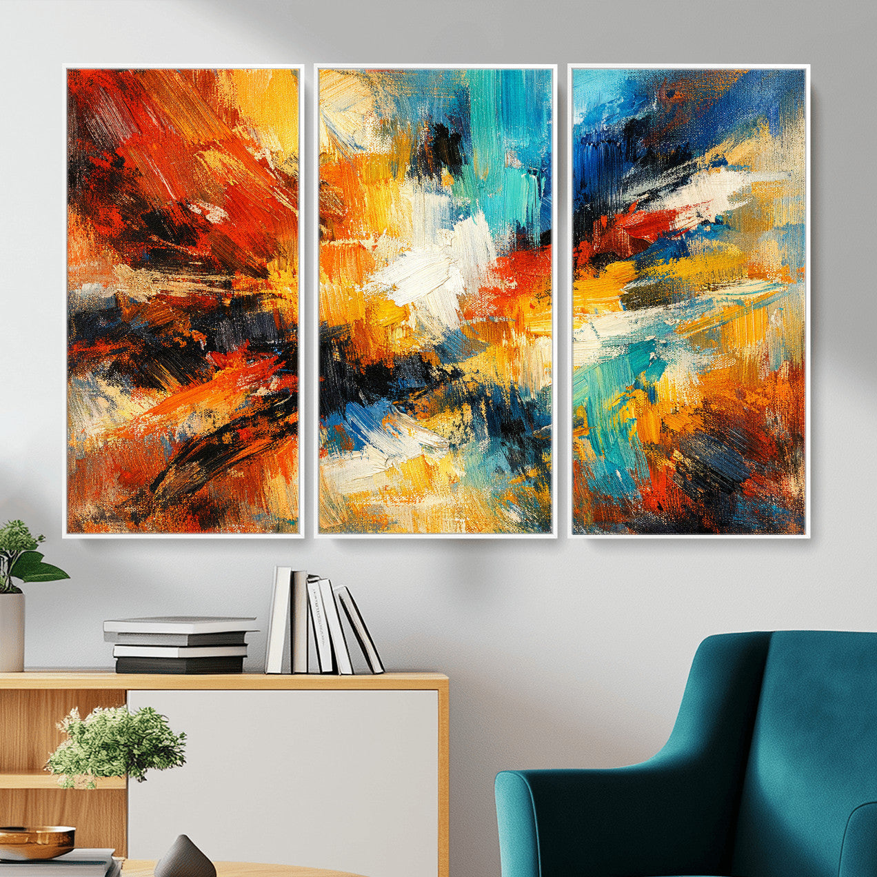93167583-MGV-CV-36X24 - Geometric Abstract Wall Art Canvas Print, Orange Blue Abstract Expressionist Painting Print, Modern Geometric Abstract Canvas Art
