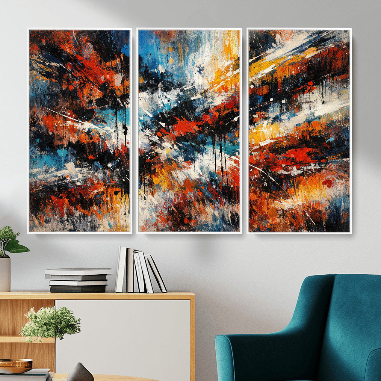80276069-MGV-CV-36X24 - Geometric Abstract Wall Art Canvas Print, Orange Blue Abstract Expressionist Painting Print, Modern Geometric Abstract Canvas Art