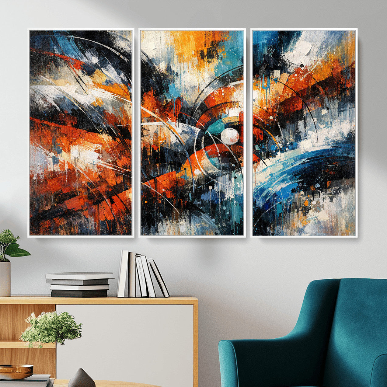 47120691-MGV-CV-36X24 - Geometric Abstract Wall Art Canvas Print, Orange Blue Abstract Expressionist Painting Print, Modern Geometric Abstract Canvas Art