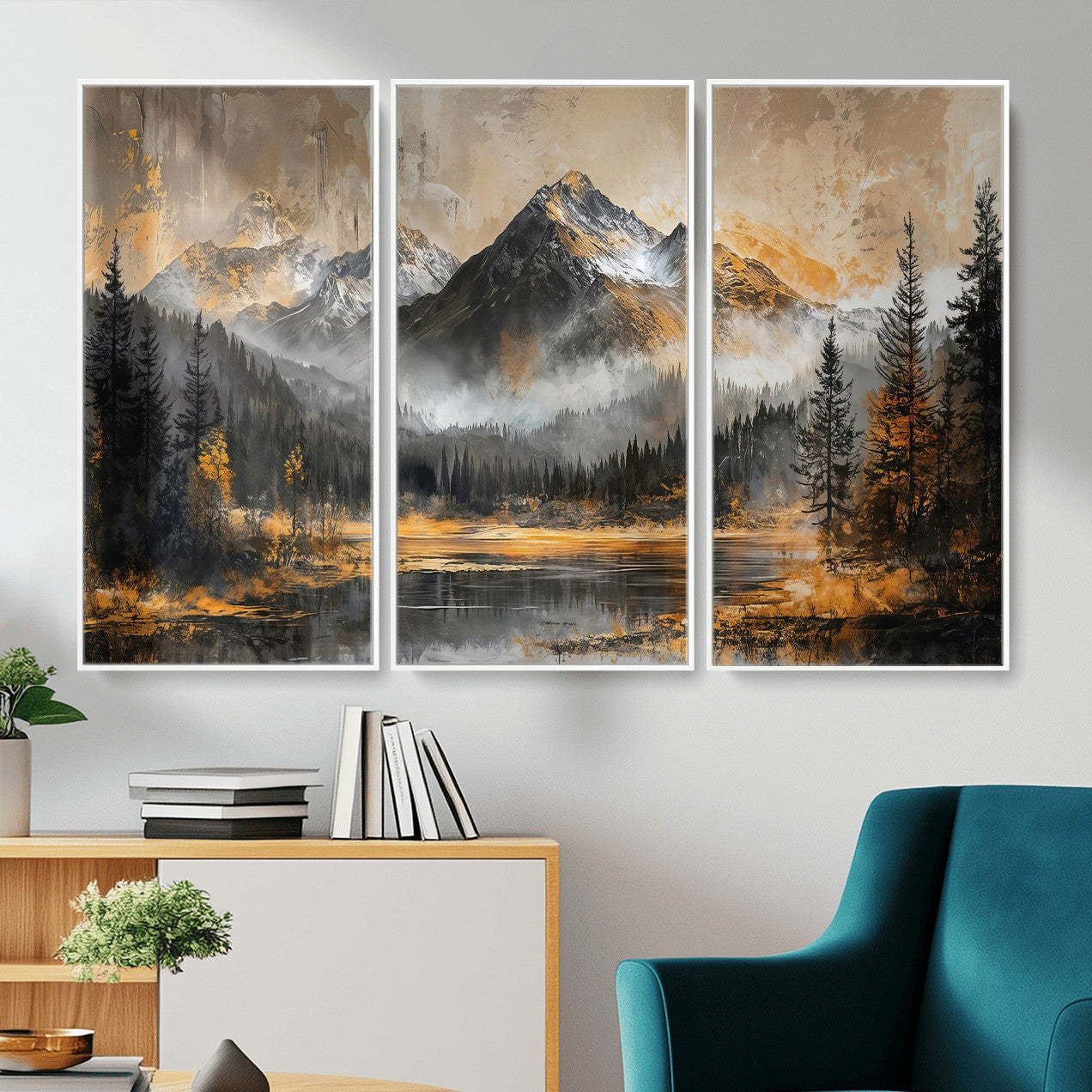 4712069D1-MGV-CV-36X24 - Mountain Lake Canvas Wall Art — Rustic Forest Landscape Print | Gold Grey Nature Decor | Cabin Wall Art | Large Wilderness Art Print Gift