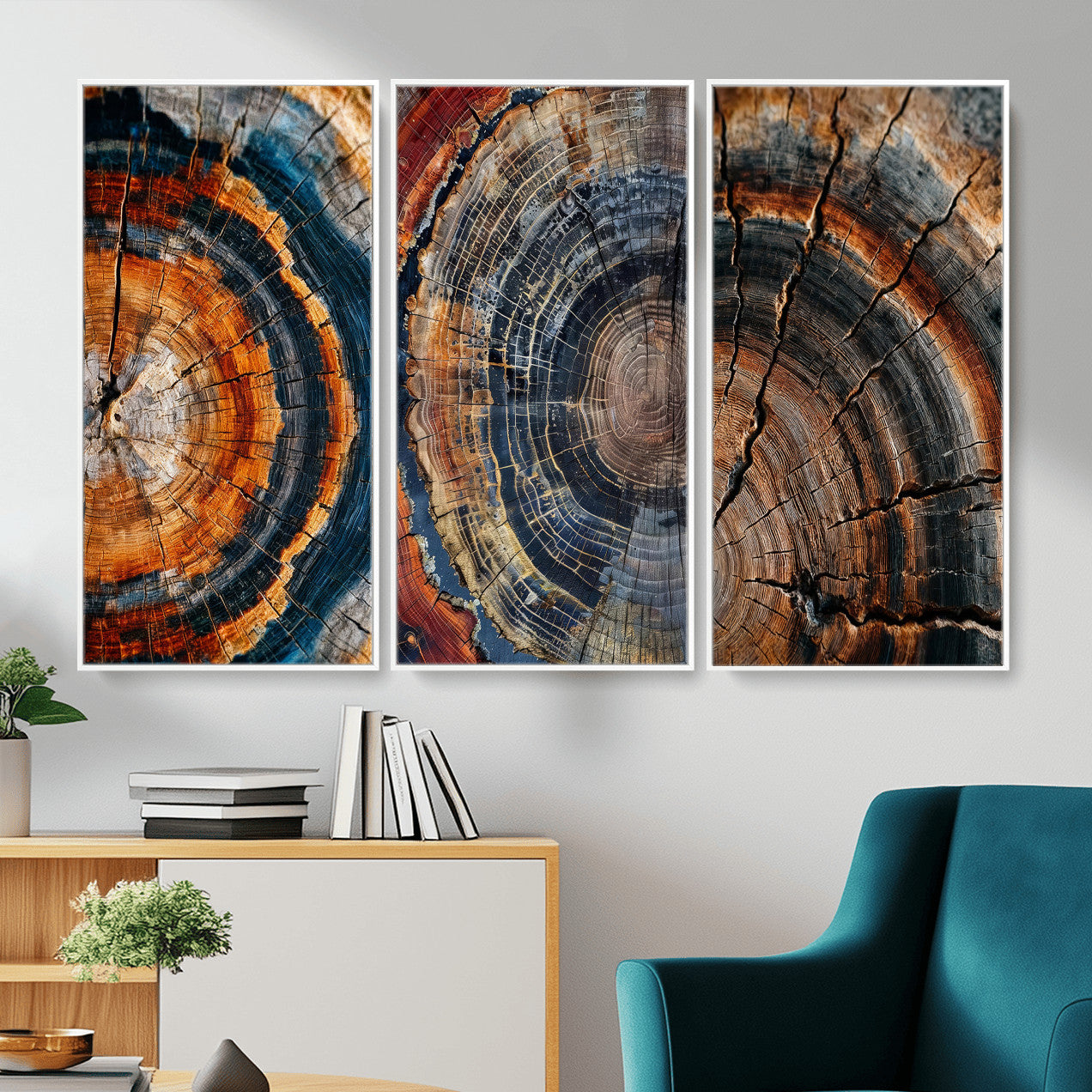 4712069W1-MGV-CV-48X32-3P - Tree Ring Triptych Canvas Wall Art — Set of 3 Wood Grain Print | Rustic Nature Decor | Earth Tone Wall Art | Unique Living Room Art Gift