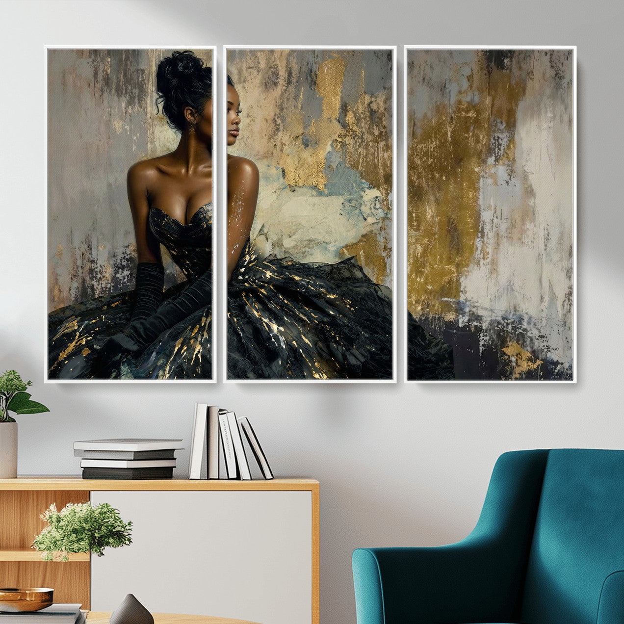 4712069Z1-MGV-CV-36X24 - Elegant Woman Canvas Wall Art — Black Gold Gown Fashion Print | Luxury Glam Wall Decor | African American Art | Bold Bedroom Wall Art Gift