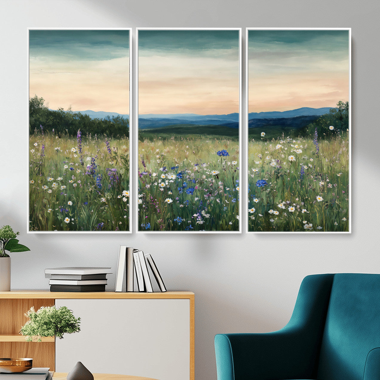 35773805-MGV-CV-36X24 - Wildflower Meadow Oil Painting Canvas — Daisy Lavender Mountain Sunset Print | Cottagecore Floral Wall Art | Bedroom Decor Gift for Her