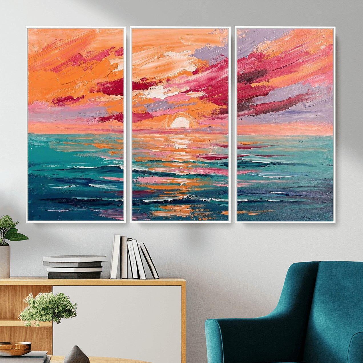 26763902-MGV-CV-36X24 - Bold Palette Knife Ocean Sunset Canvas — Orange Pink Teal Expressionist Sea Print | Colorful Coastal Wall Art | Vibrant Beach Decor Gift