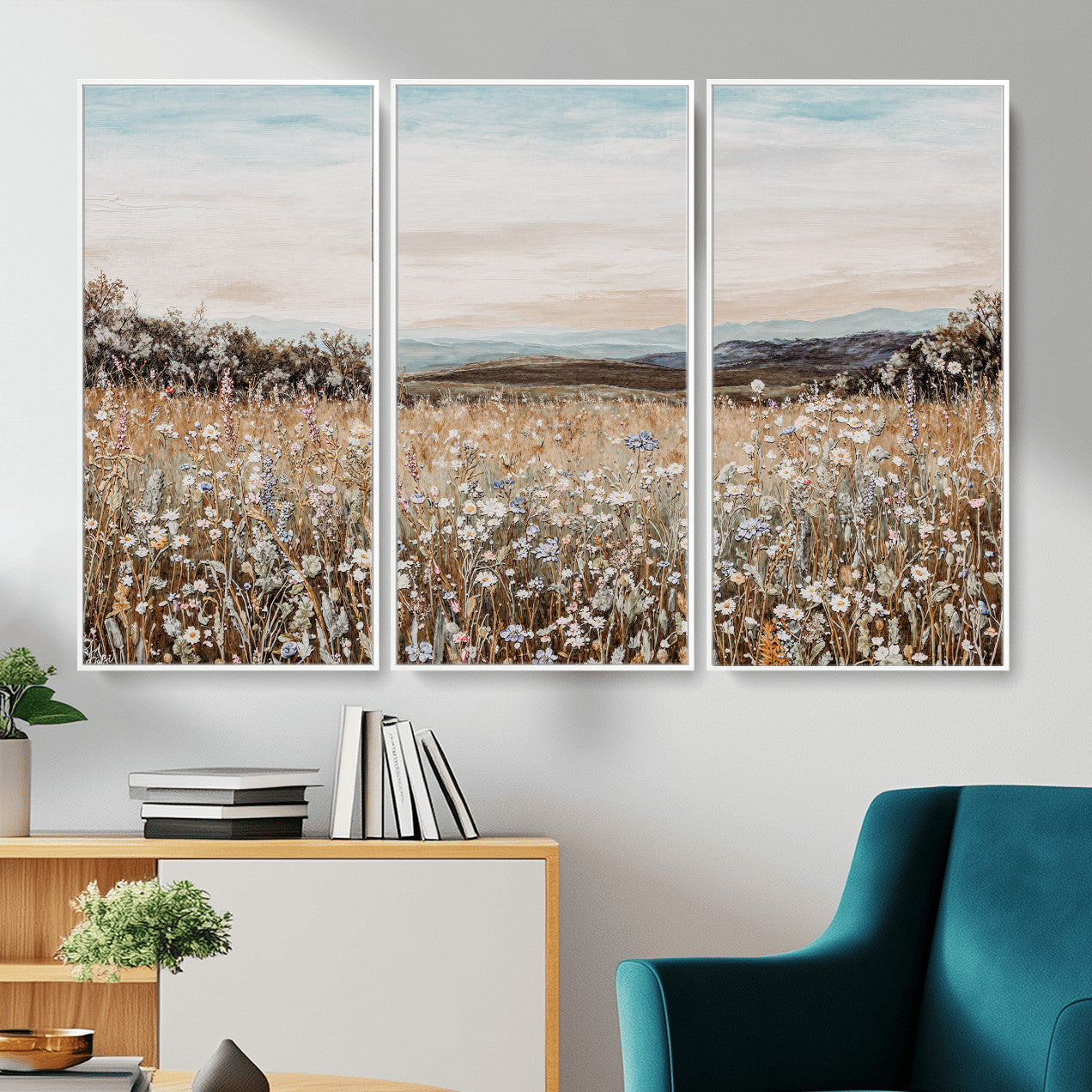 F35773805-MGV-CV-36X24 - Neutral Wildflower Field Canvas Wall Art — Beige Earth Tone Botanical Meadow Print | Farmhouse Boho Decor | Bedroom Living Room Gift Her