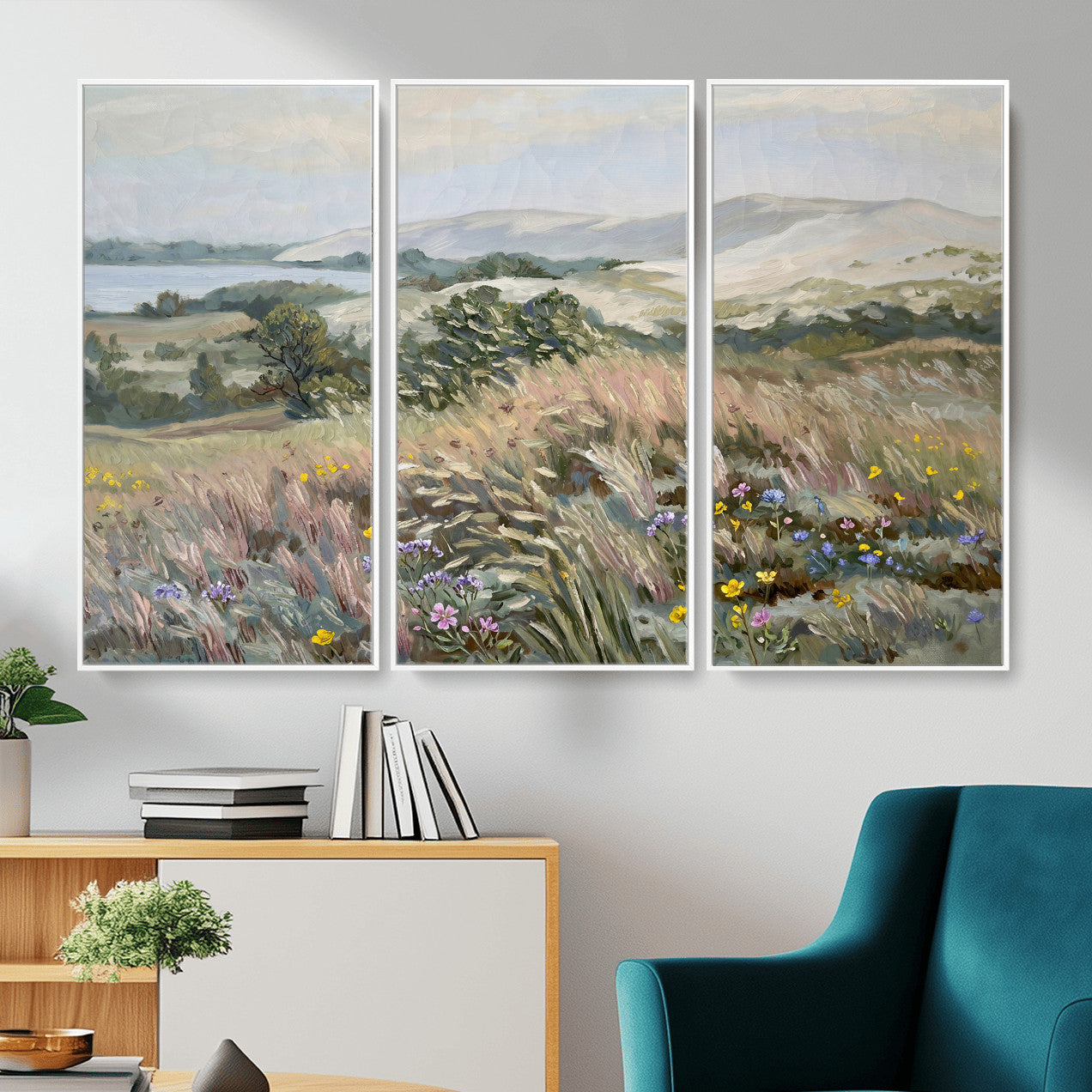 18013232-MGV-CV-36X24 - Katie Staples Hillside Canvas Wall Art — Coastal Wildflower Dune Oil Painting Print | Muted Green Nature Decor | Plein Air Landscape Gift