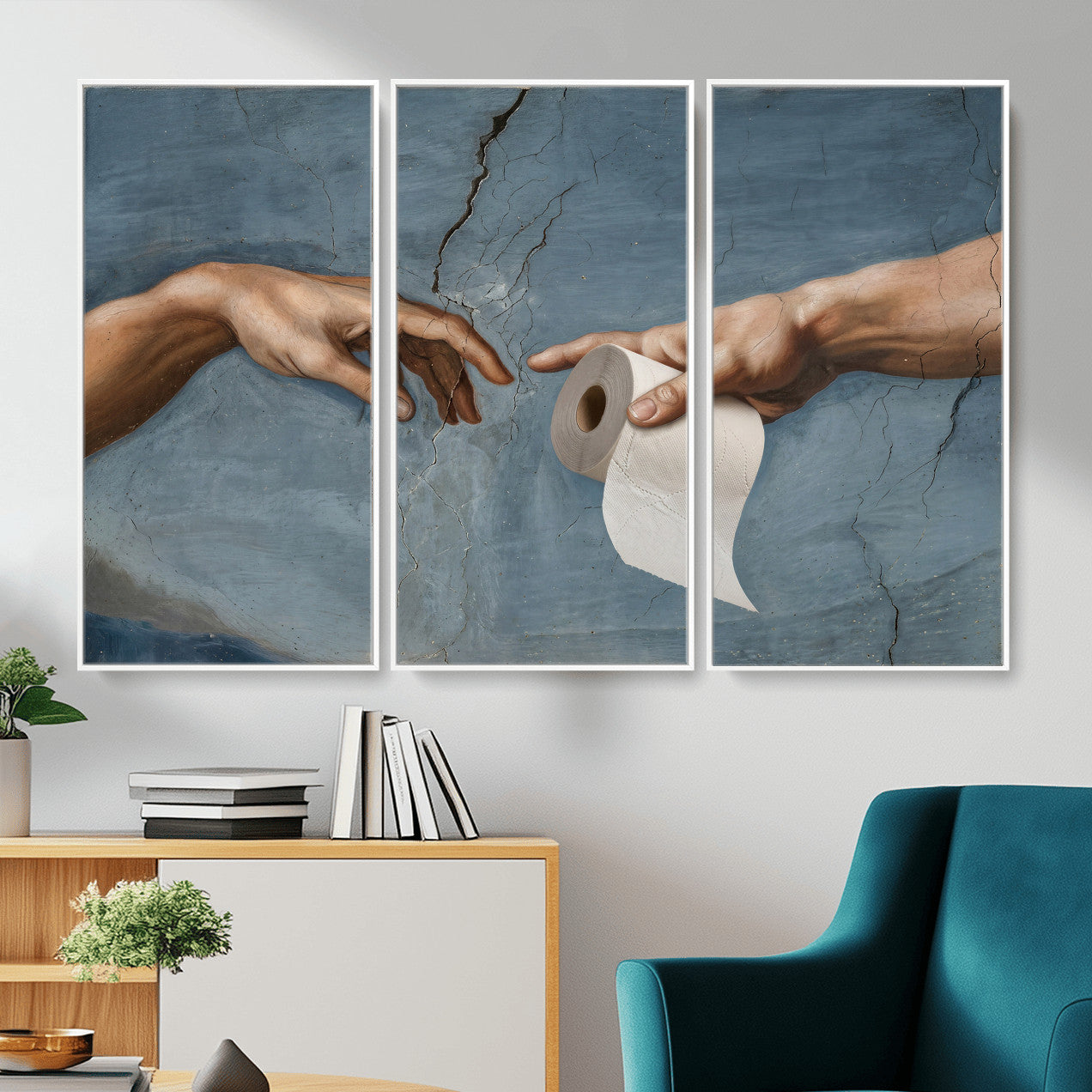 42648143-MGV-CV-36X24 - Funny Bathroom Canvas Wall Art, Michelangelo Creation of Adam Toilet Paper Parody, Renaissance Humor Print, Quirky Housewarming Gift, Toilet Room Decor