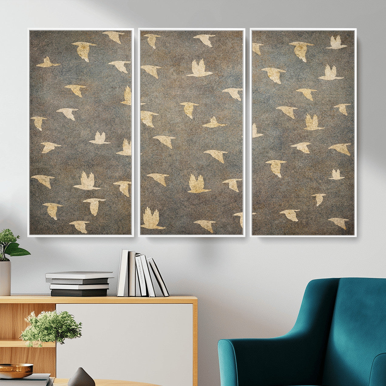74076164-MGV-CV-36X24 - Flying Birds Canvas Wall Art, Vintage Bird Flock Pattern Print, Grey Gold Abstract Nature Decor, Rustic Bird Silhouette Art, Boho Living Room Decor