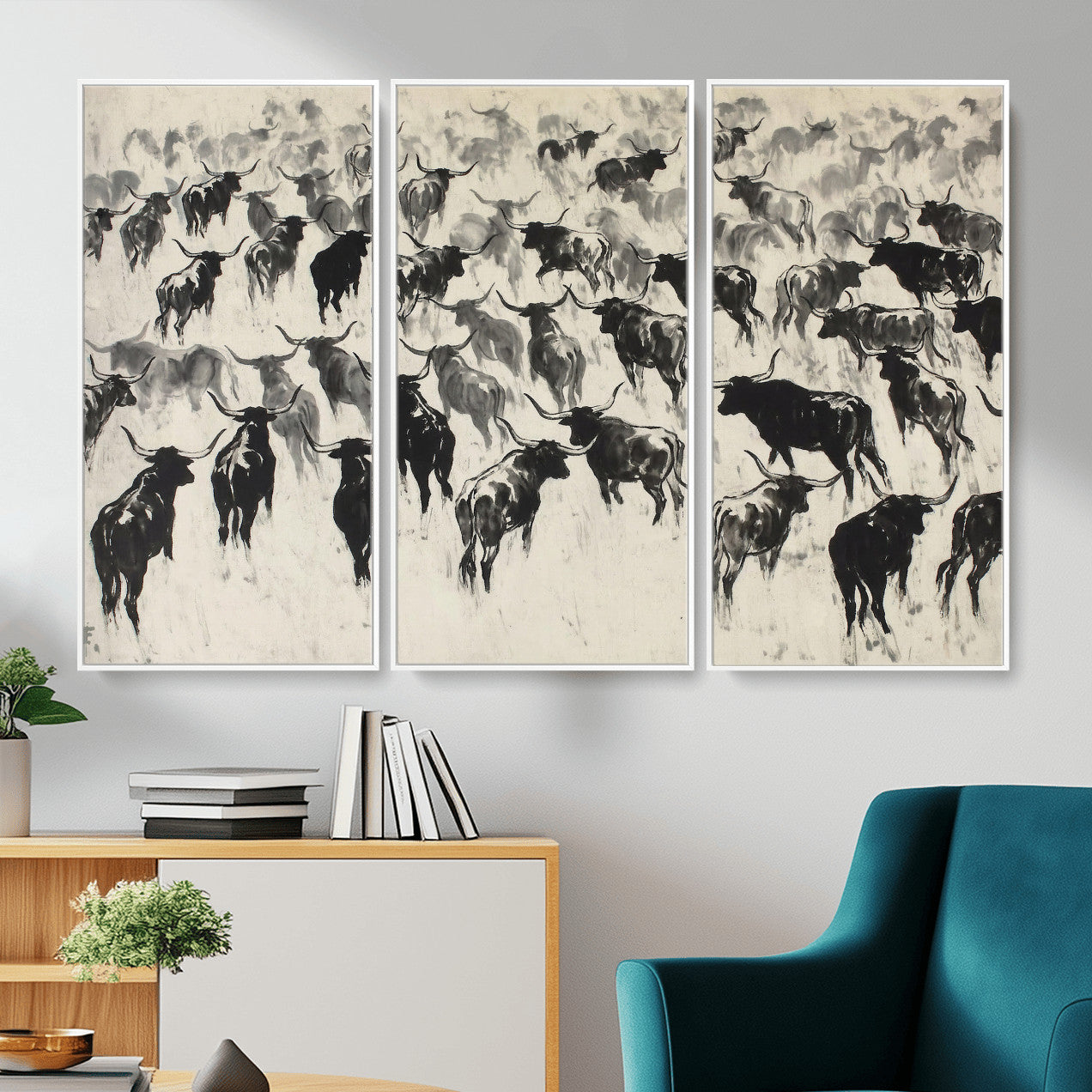 68669792-MGV-CV-36X24 - Longhorn Cattle Canvas Wall Art, Black White Stampede Ink Painting Print, Western Farmhouse Decor, Bull Herd Art, Large Living Room Wall Art, Ranch Home Decor