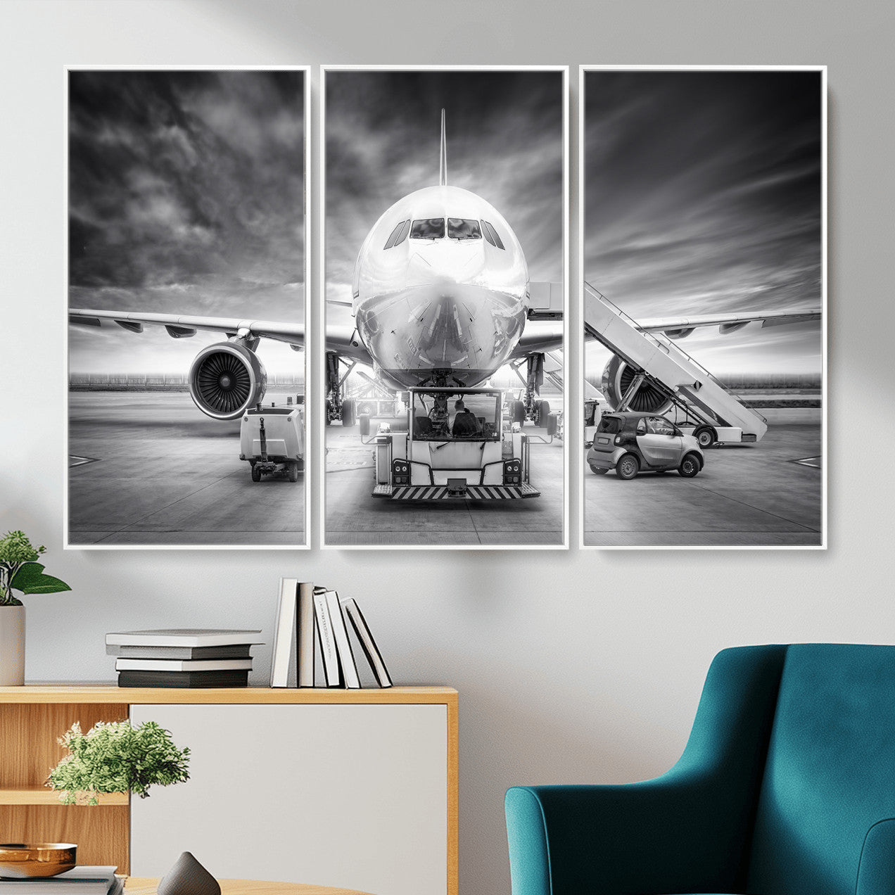 85885848-MGV-CV-36X24 - Airplane Wall Art Canvas Print, Black and White Jet Aircraft Airport Runway Framed Aviation Artwork for Pilot Office Hangar Travel Decor