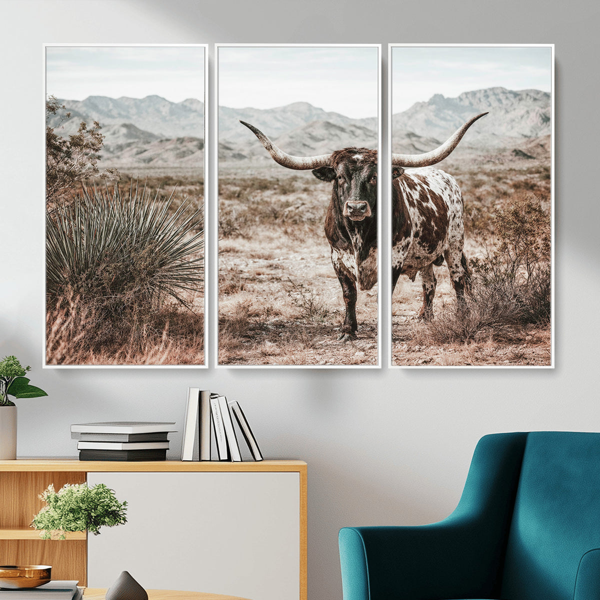 17622011H-MGV-CV-36X24 - Texas Longhorn Bull Wall Art Canvas Print, Western Farmhouse Cowboy Decor, Rustic Texas Ranch Cattle Artwork for Living Room Bedroom Office, Framed Wall Decor