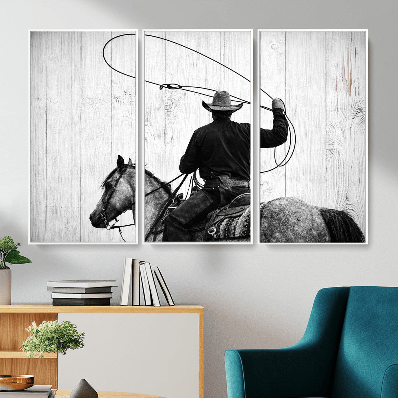 22569358-MGV-CV-36X24 - Cowboy Lasso Canvas Wall Art, Black White Western Horse Photo Print, Rustic Ranch Rodeo Decor, Farmhouse Western Art, Cowboy Gift for Him