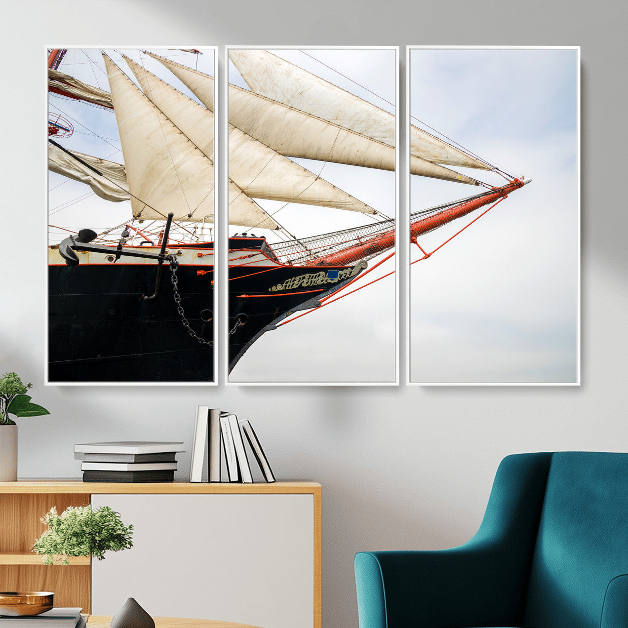 64830036-MGV-CV-36X24 - Sailboat Wall Art Canvas Print, Vintage Ship Bow Framed Artwork, Nautical Sailing Decor for Living Room Office Beach House