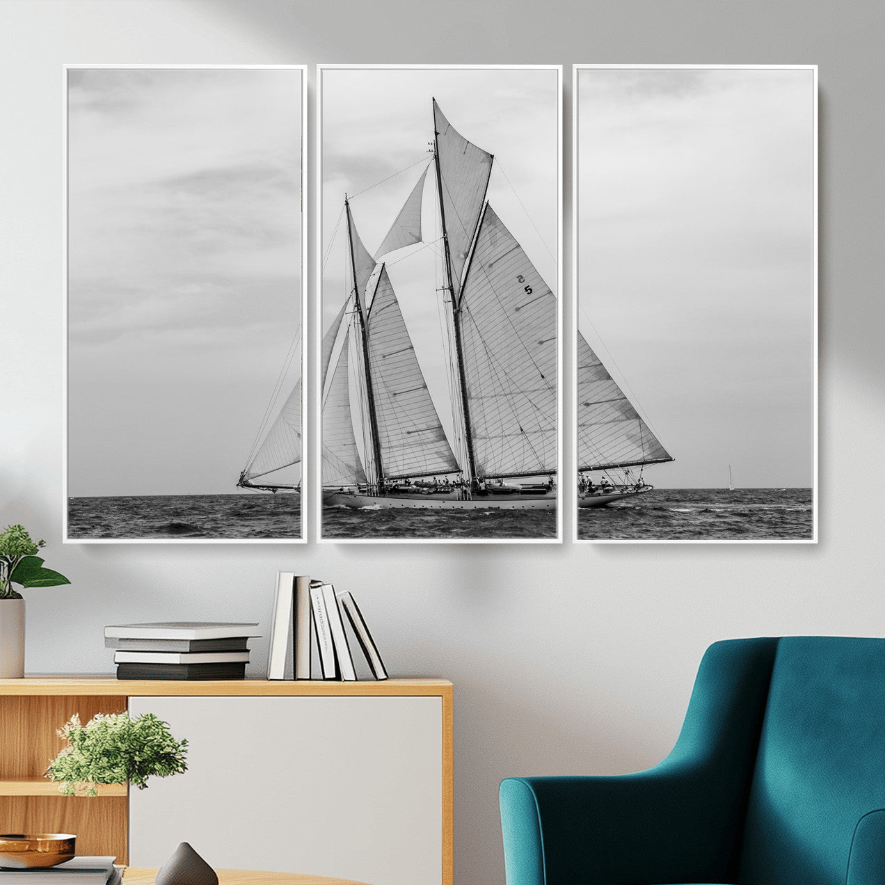 52882918-MGV-CV-36X24 - Vintage Sailboat Wall Art Canvas Print, Black and White Schooner Framed Artwork, Nautical Ocean Sailing Decor for Living Room Office Beach House