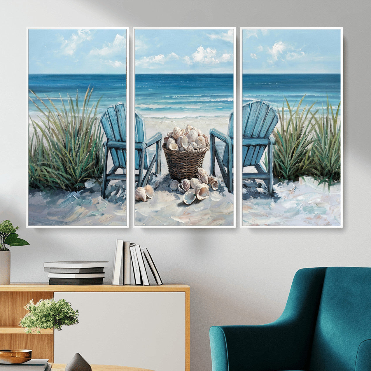 11973028-MGV-CV-36X24 - Beach Canvas Wall Art Coastal Adirondack Chairs Ocean Seashells Blue Nautical Framed Large for Living Room Bedroom Bathroom Decor