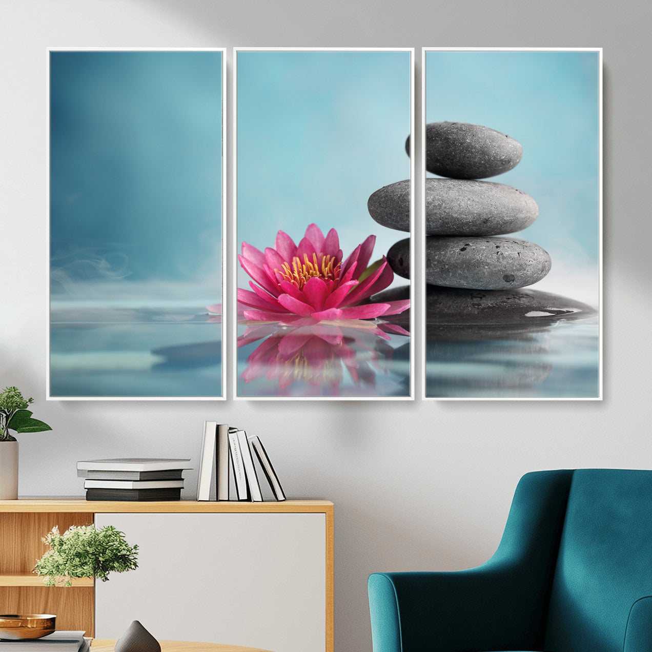 84293154-MGV-CV-36X24 - Zen Canvas Wall Art Lotus Flower Stacked Stones Teal Spa Meditation Relaxation Framed Large for Bathroom Bedroom Living Room Office Decor