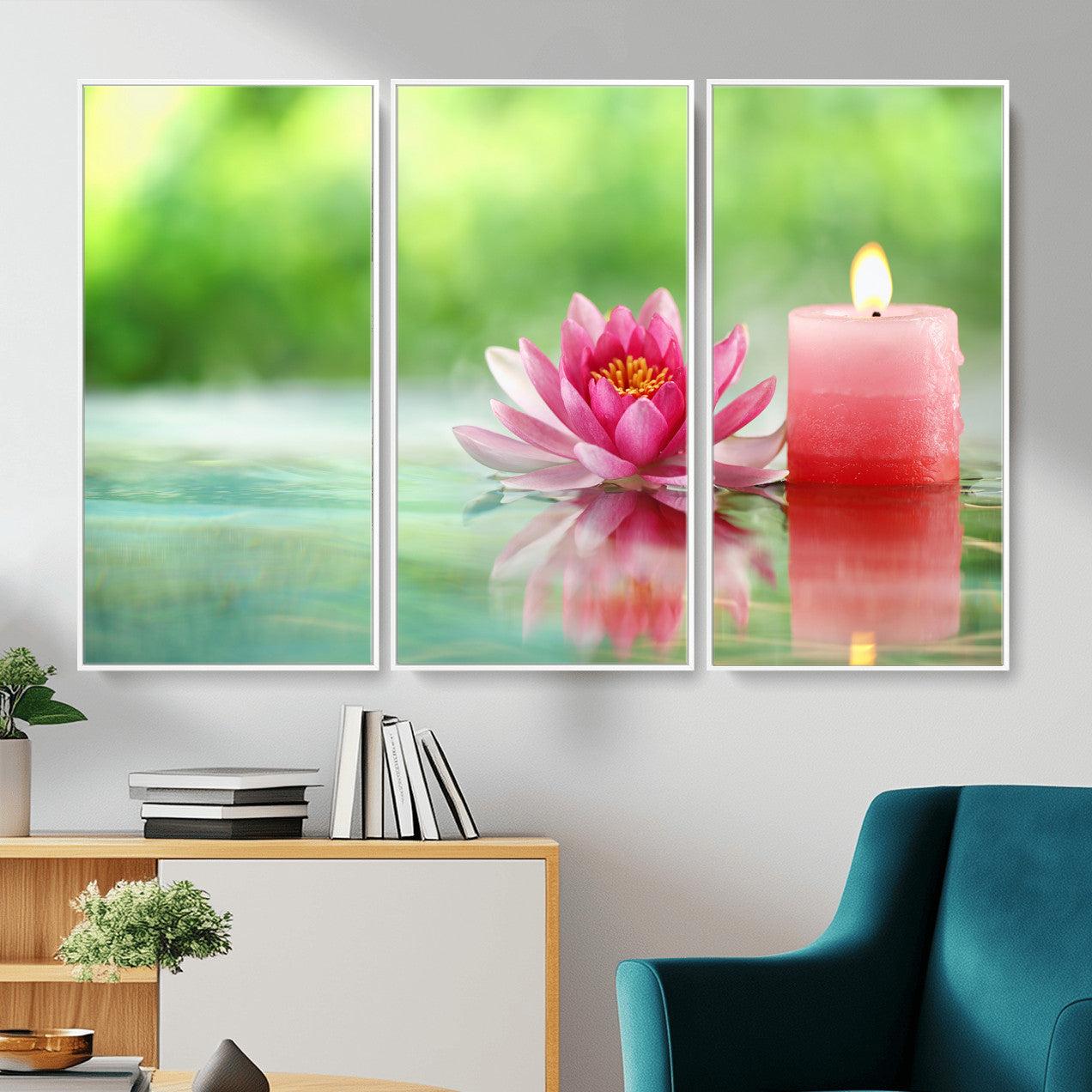 17661715-MGV-CV-36X24 - Zen Lotus Candle Canvas Wall Art Pink Spa Meditation Relaxation Green Bokeh Framed Large for Bathroom Bedroom Living Room Office Decor