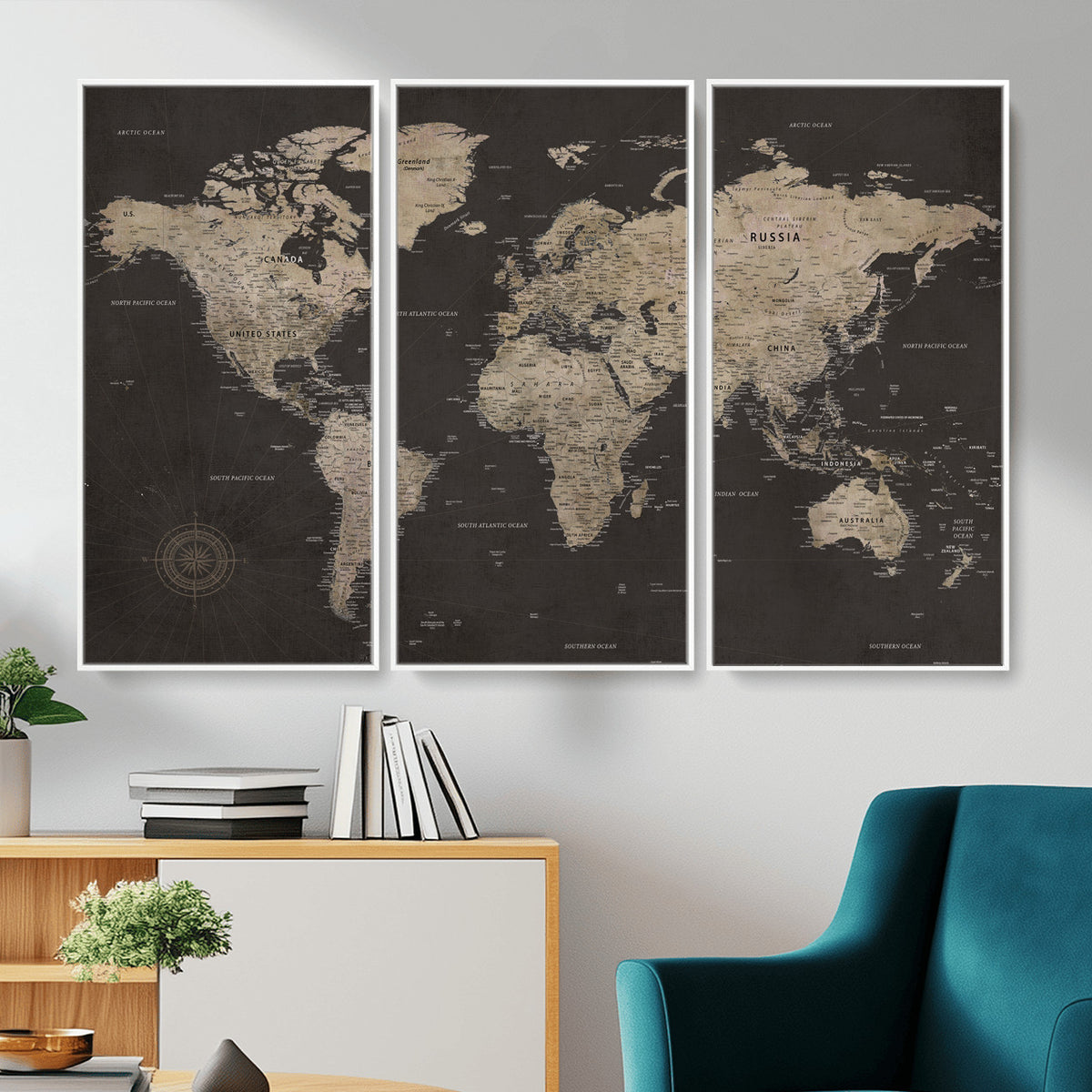 56556018136-MGV-CV-36X24 - World Map Canvas Wall Art Dark Charcoal Antique Tan Detailed