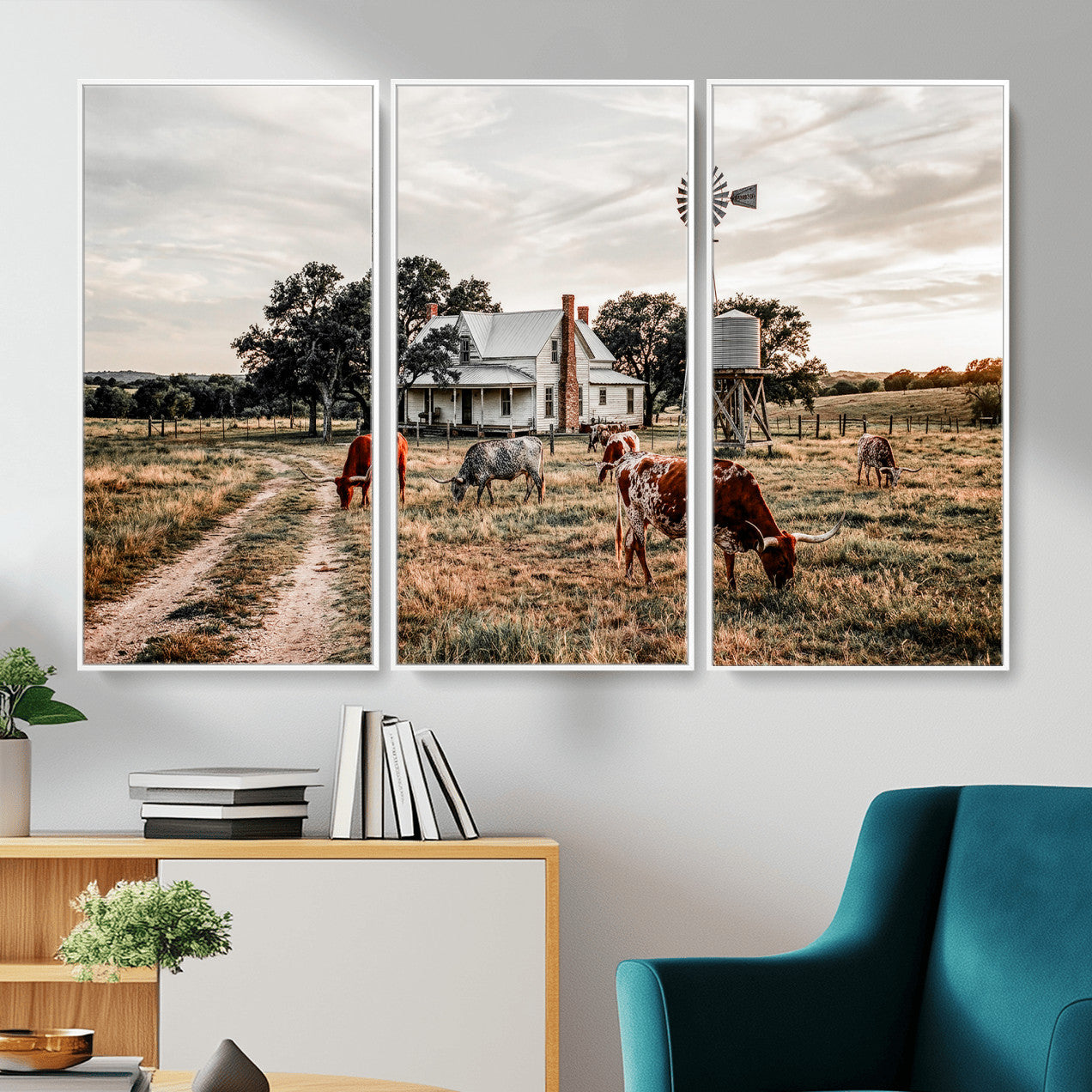 92429425-MGV-CV-36X24 - Texas Longhorn Ranch Wall Art Canvas Print, Rustic Western Farmhouse Decor, Country Landscape Canvas Wall Art, Vintage Cowboy Ranch Picture