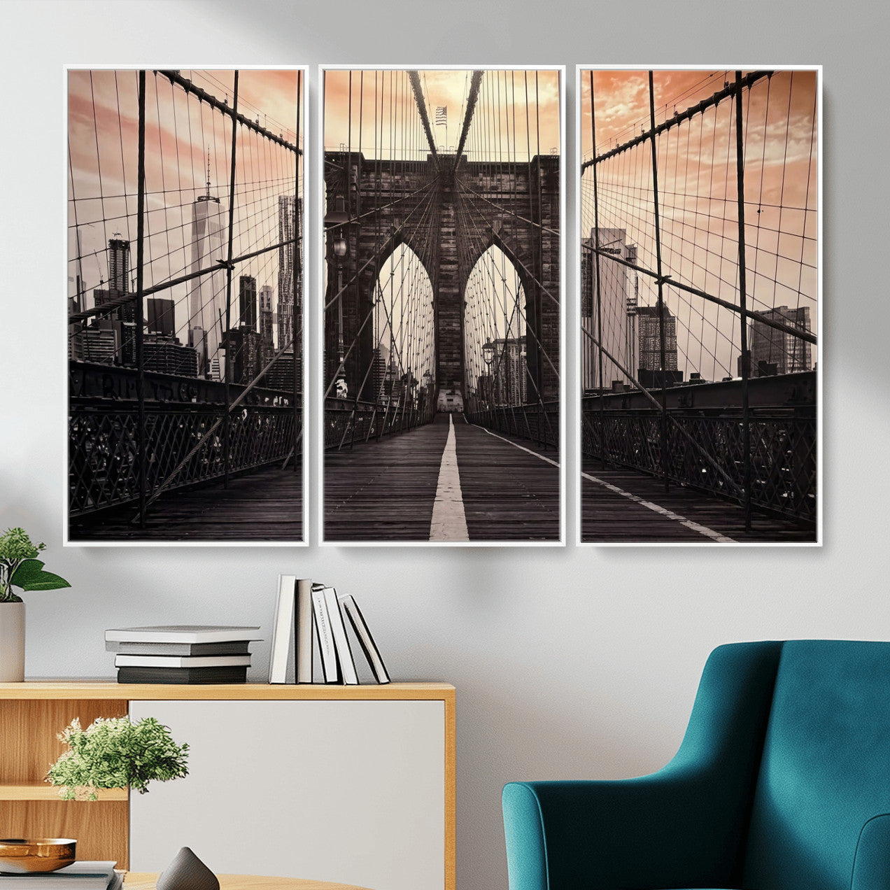 93226664-MGV-CV-36X24 - Brooklyn Bridge Canvas Wall Art, New York City Skyline Photography Print, NYC Landmark Urban Decor Artwork