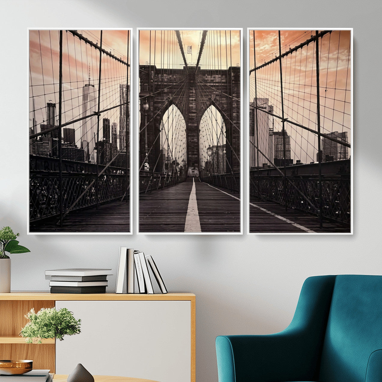 93226664-MGV-CV-36X24 - Brooklyn Bridge Canvas Wall Art, New York City Skyline Photography Print, NYC Landmark Urban Decor Artwork