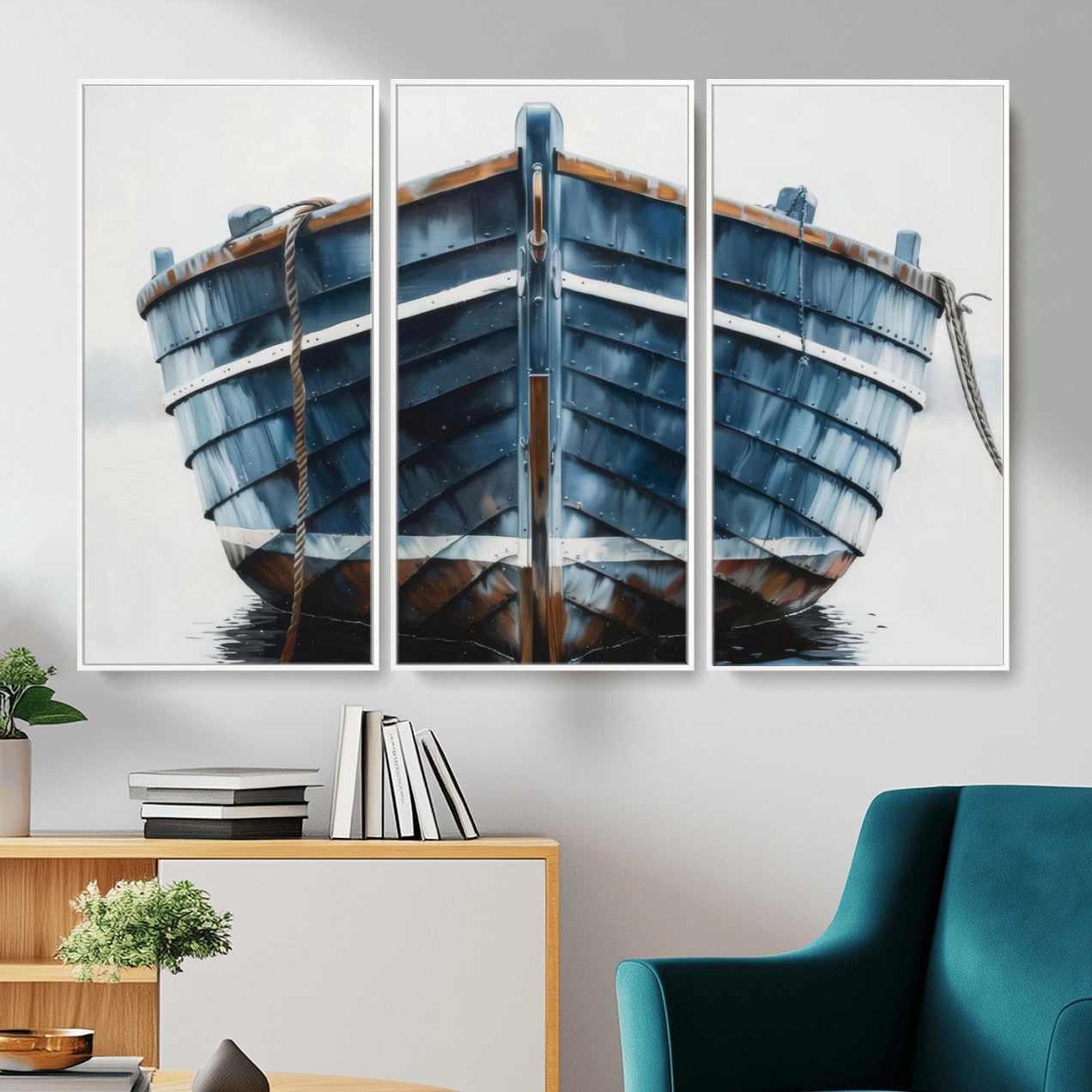 21601740-MGV-CV-36X24 - Blue Wooden Rowboat Canvas Wall Art, Coastal Nautical Boat Painting Print for Lake Beach House Decor, Minimalist Maritime Decor Artwork